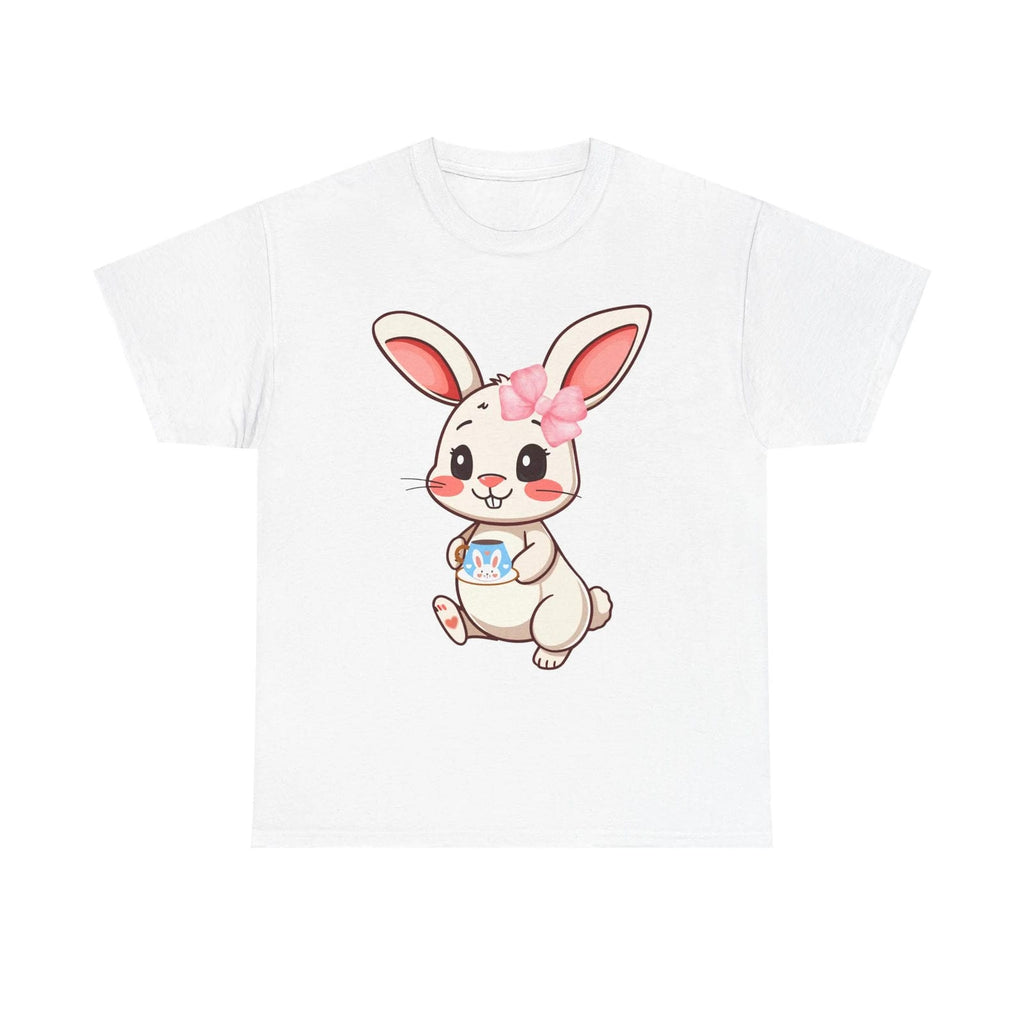 White t-shirt with a cartoon bunny design on a white background