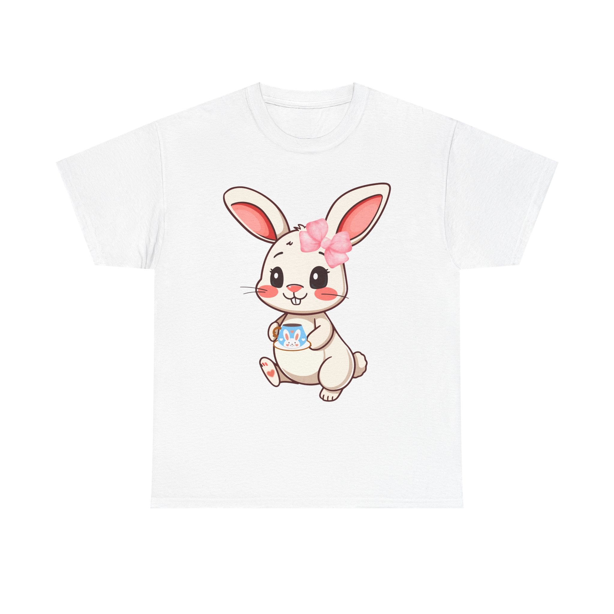 White t-shirt with a cartoon bunny design on a white background