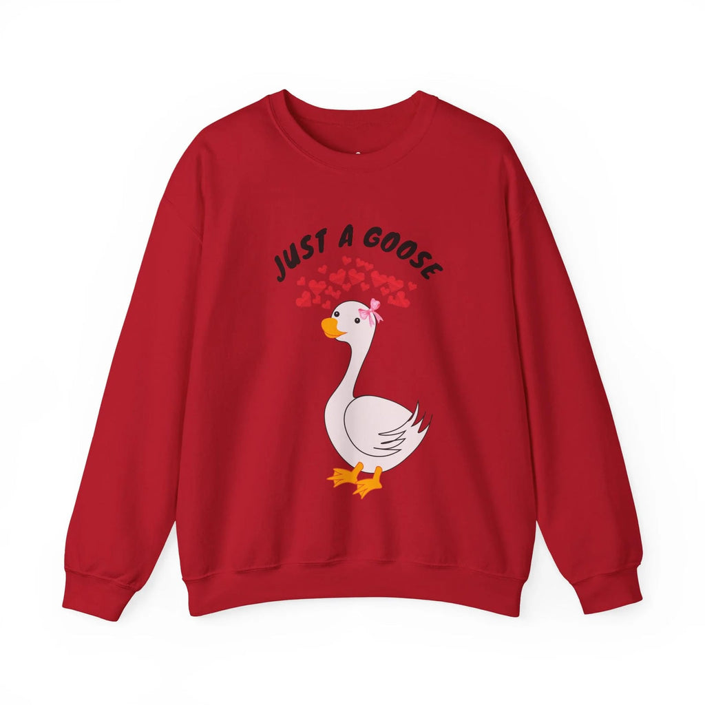 Cherry Red sweatshirt with a cartoon goose and 'Just a Goose' text on a white background