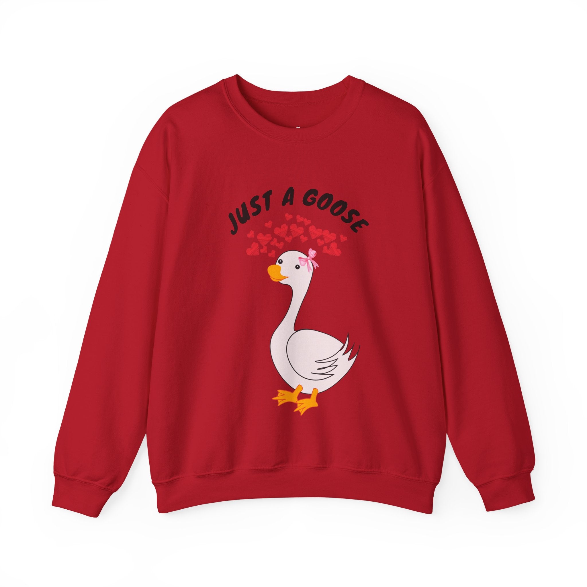 Cherry Red sweatshirt with a cartoon goose and 'Just a Goose' text on a white background