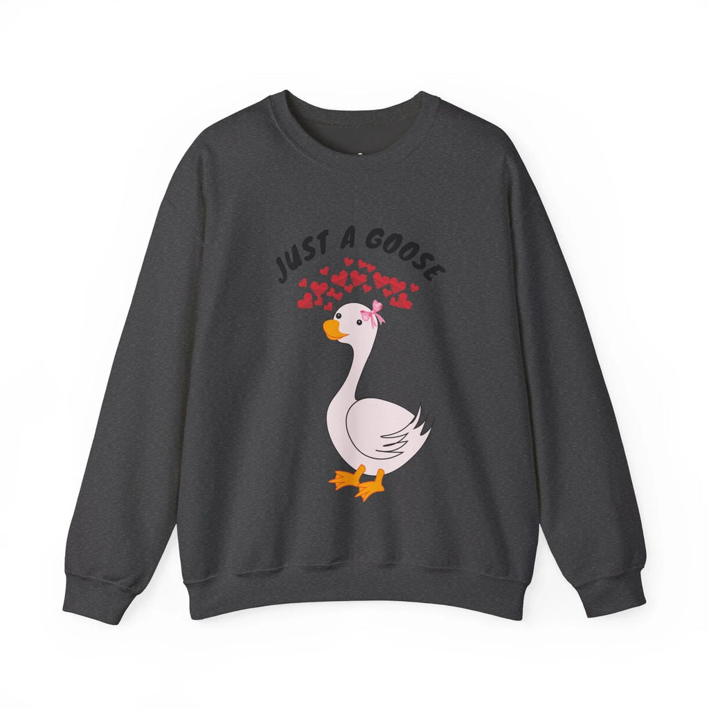 Dark Heather sweatshirt with a cartoon goose and text on a white background