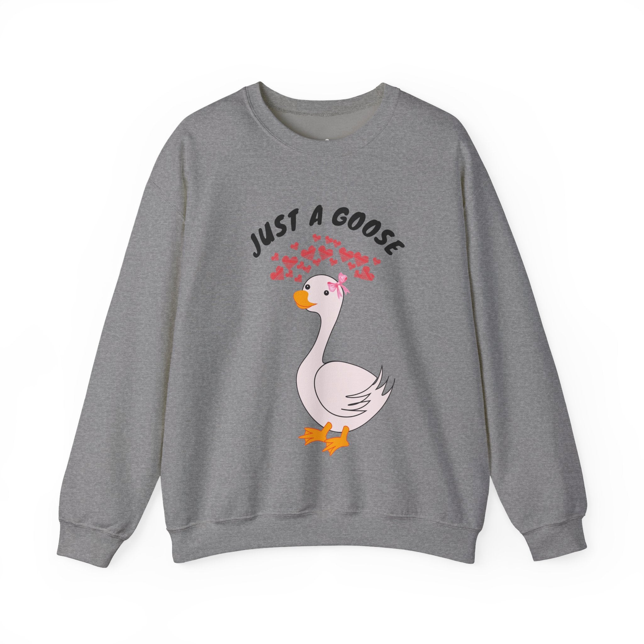 Graphite Heather sweatshirt with a cartoon goose and text 'Just a Goose' on a white background