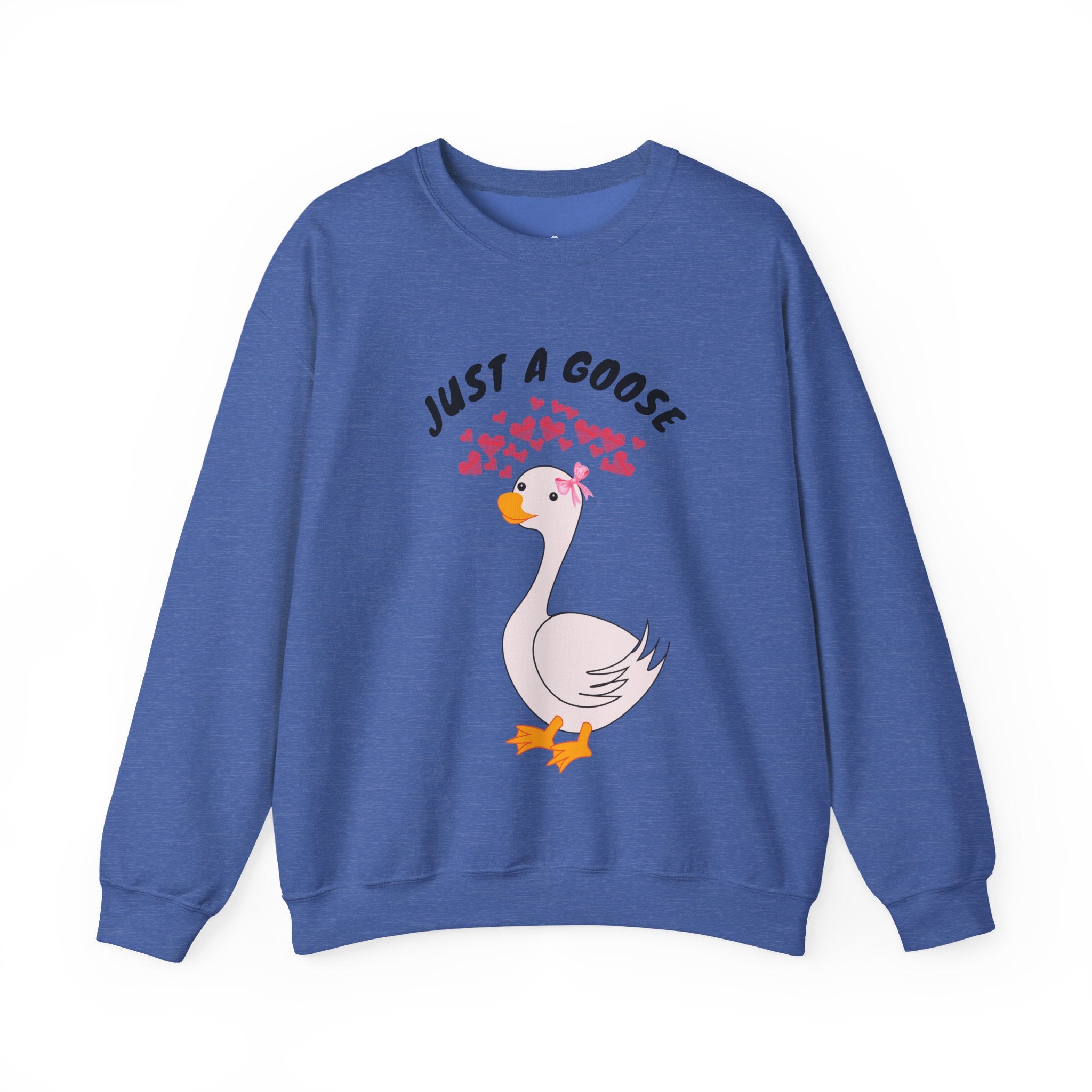 Heather Sport Royal sweatshirt with a cartoon goose and text on a white background