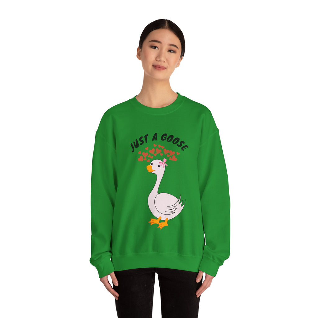 Person wearing an Irish green sweatshirt with a cartoon goose and text on a white background