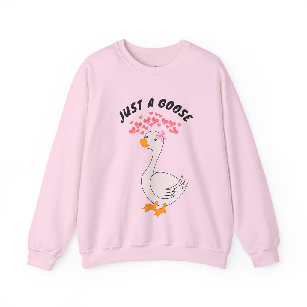 Light Pink sweatshirt with a goose graphic and text 'Just a Goose' on a white background