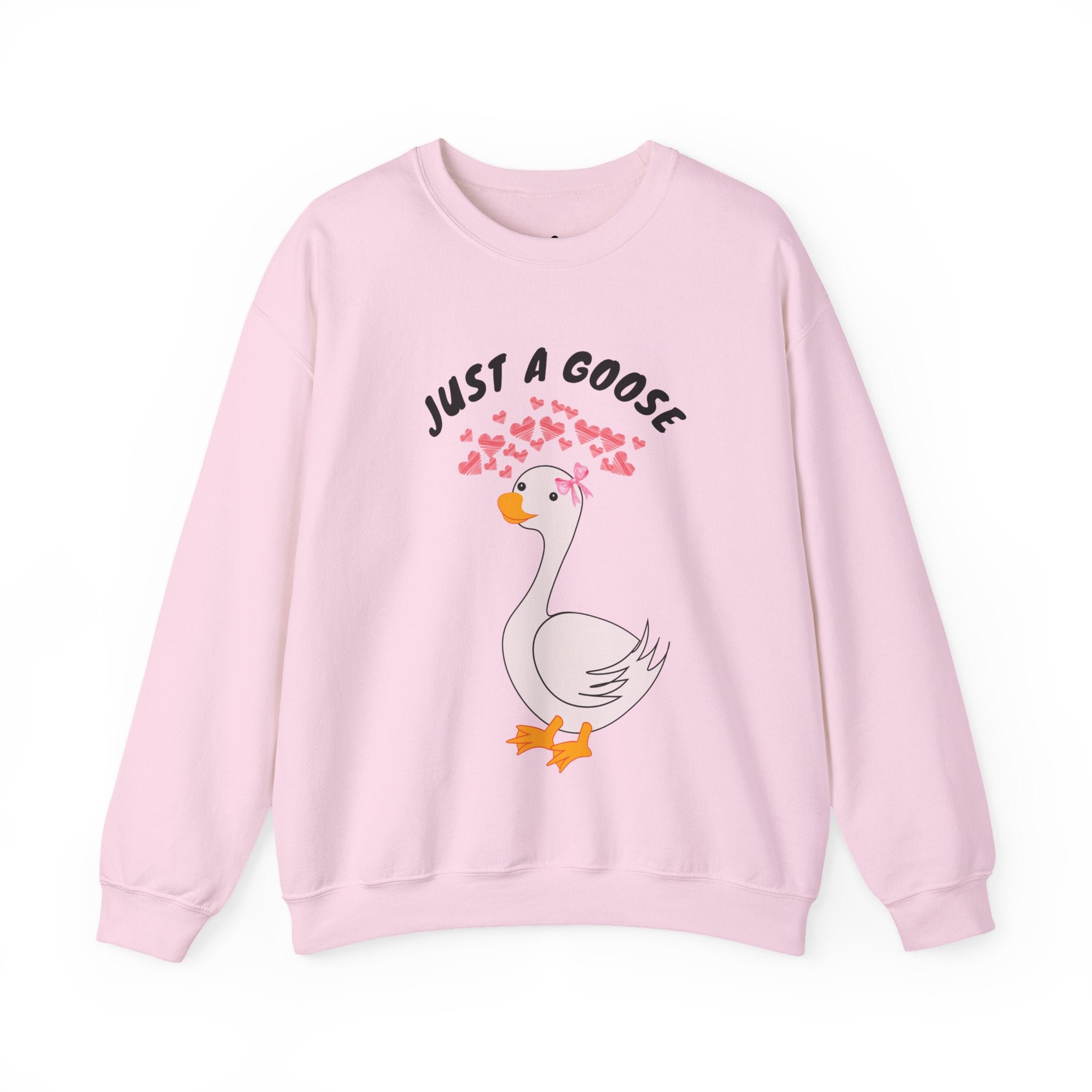 Light Pink sweatshirt with a goose graphic and text 'Just a Goose' on a white background