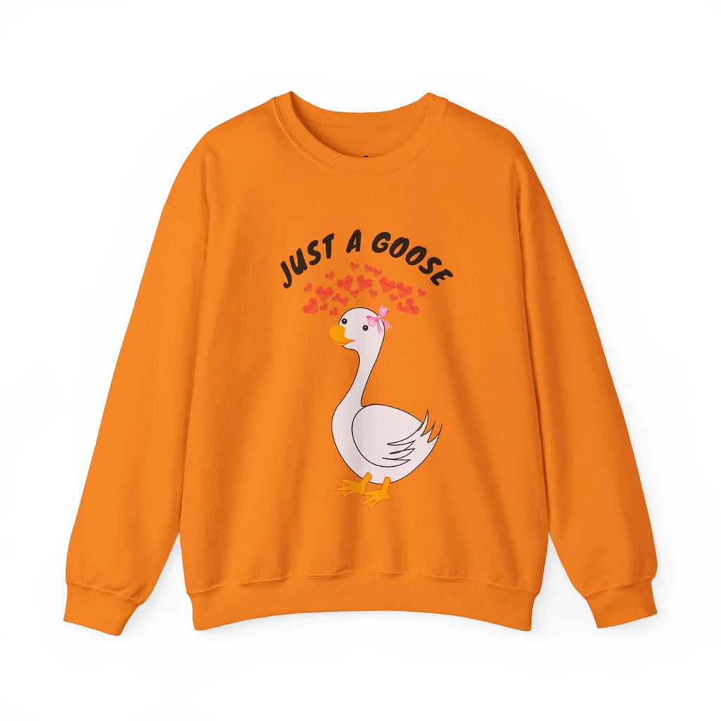 Safety Orange sweatshirt with a cartoon goose and text 'Just a Goose' on a white background
