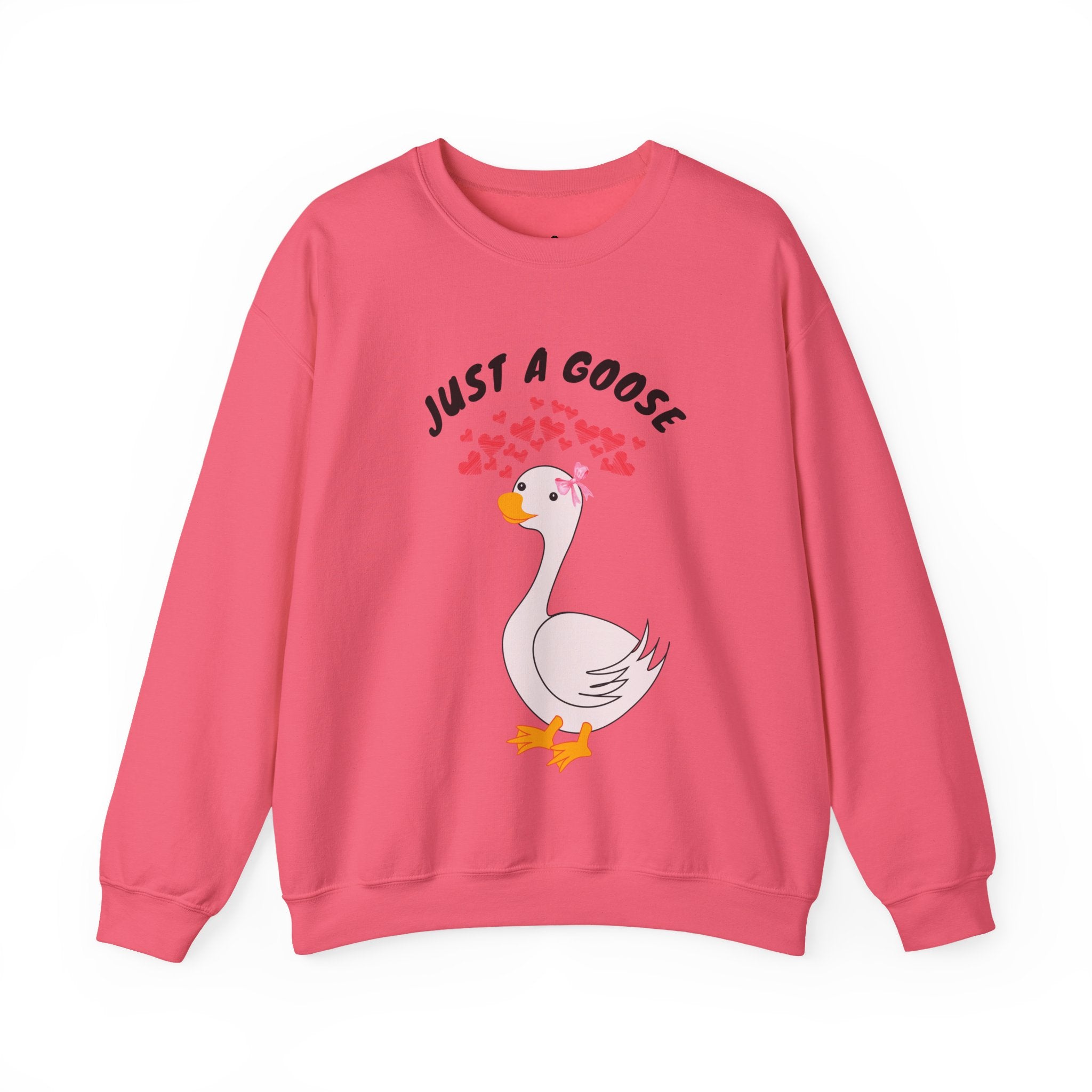Safety Pink sweatshirt with a cartoon goose and text 'Just a Goose' on a white background