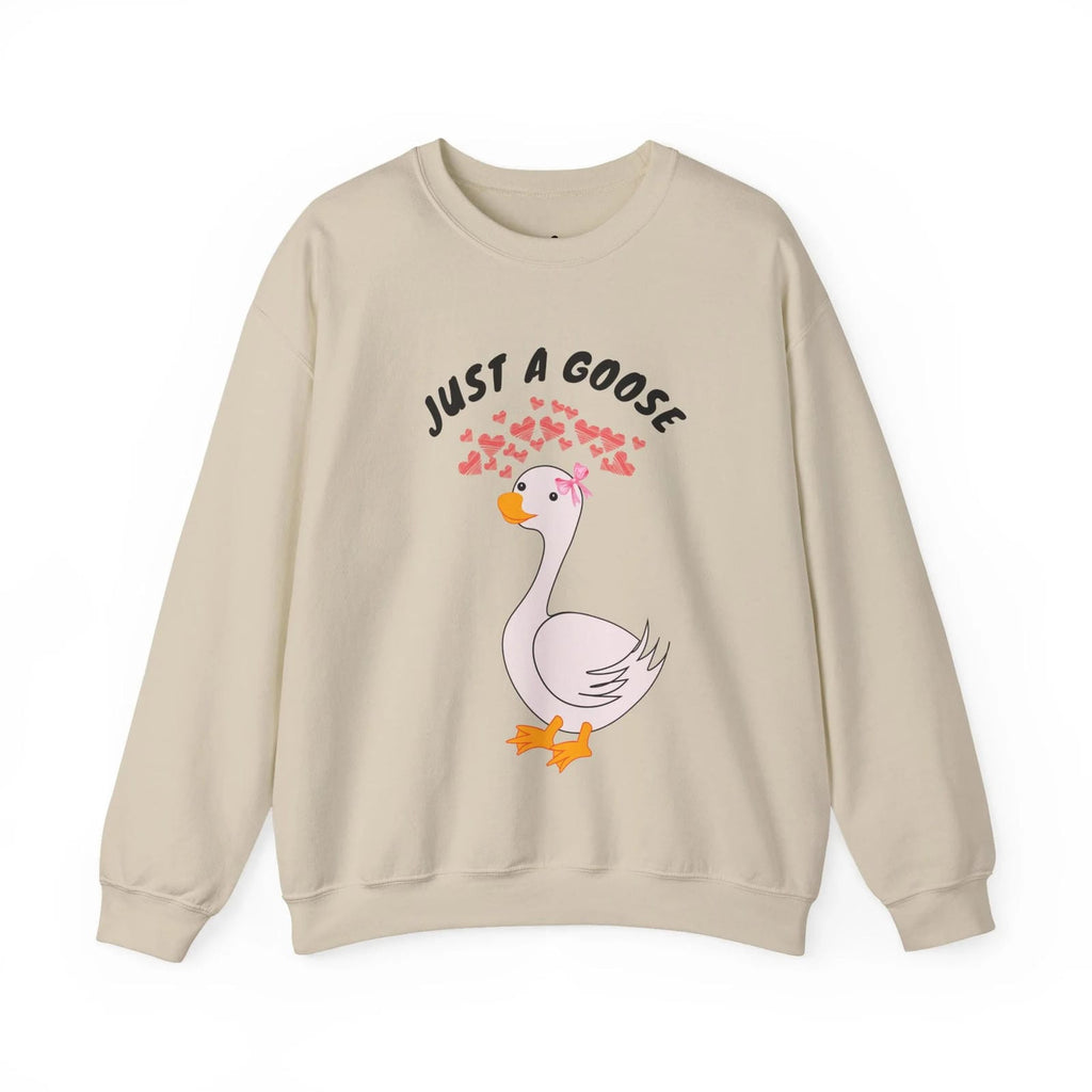 Sand sweatshirt with a cartoon goose and 'Just a Goose' text on a white background