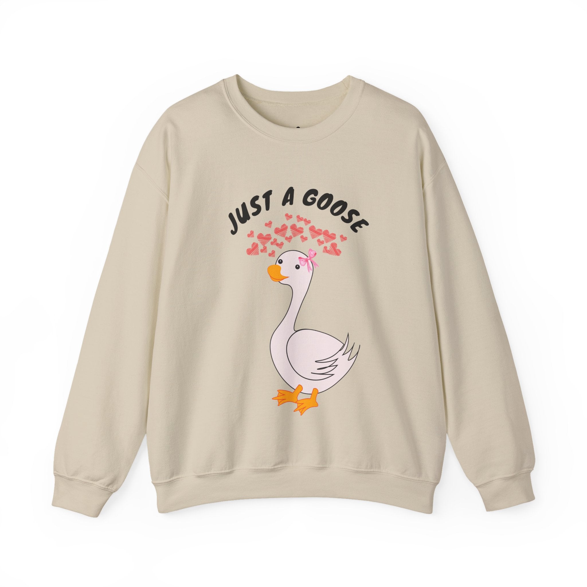 Sand sweatshirt with a cartoon goose and 'Just a Goose' text on a white background