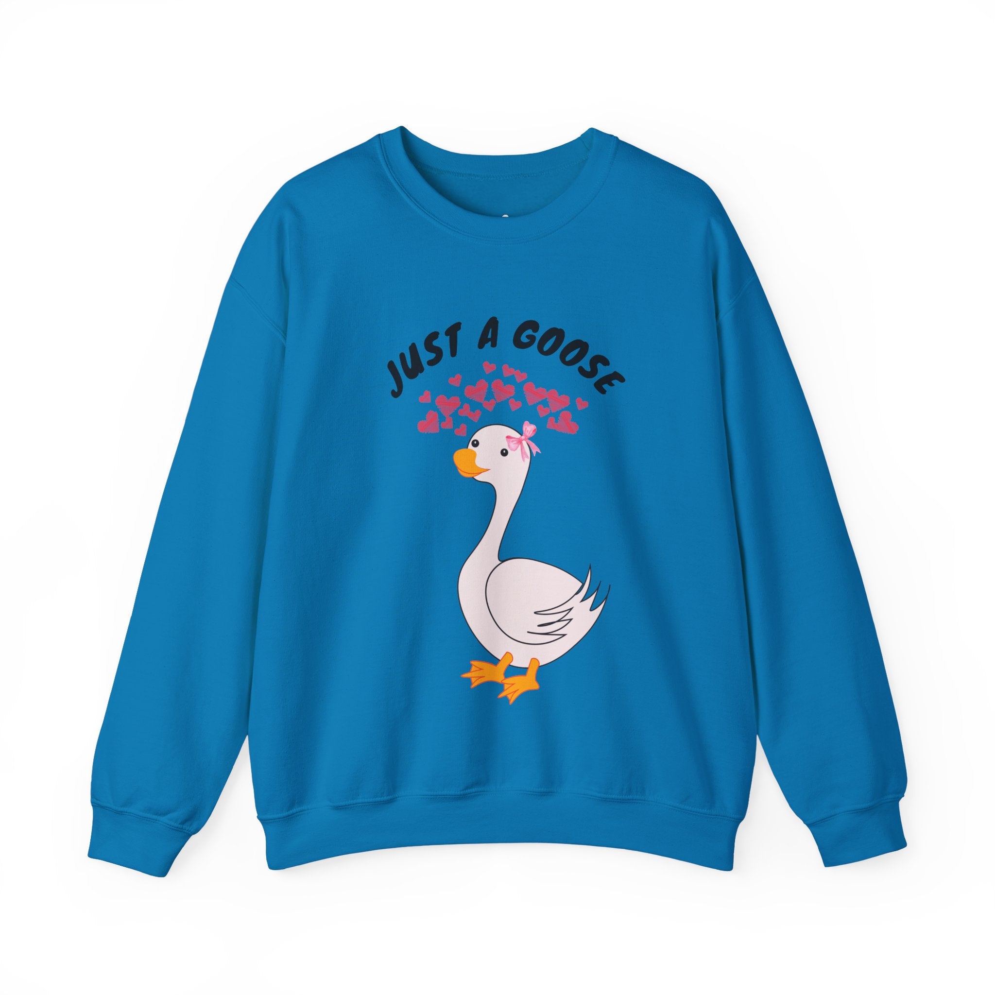 Sapphire sweatshirt with a cartoon goose and text on a white background