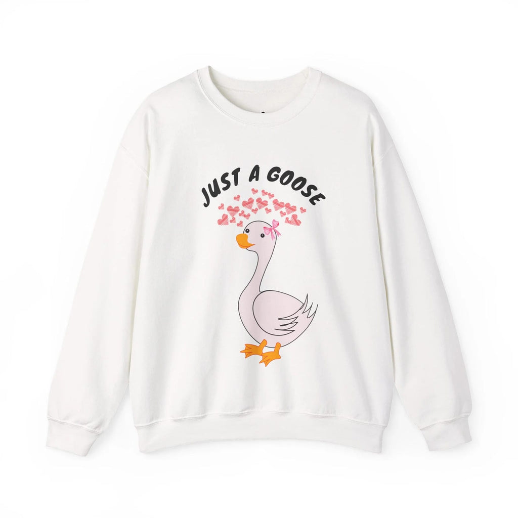 White sweatshirt with a cartoon goose and 'Just a Goose' text on a white background