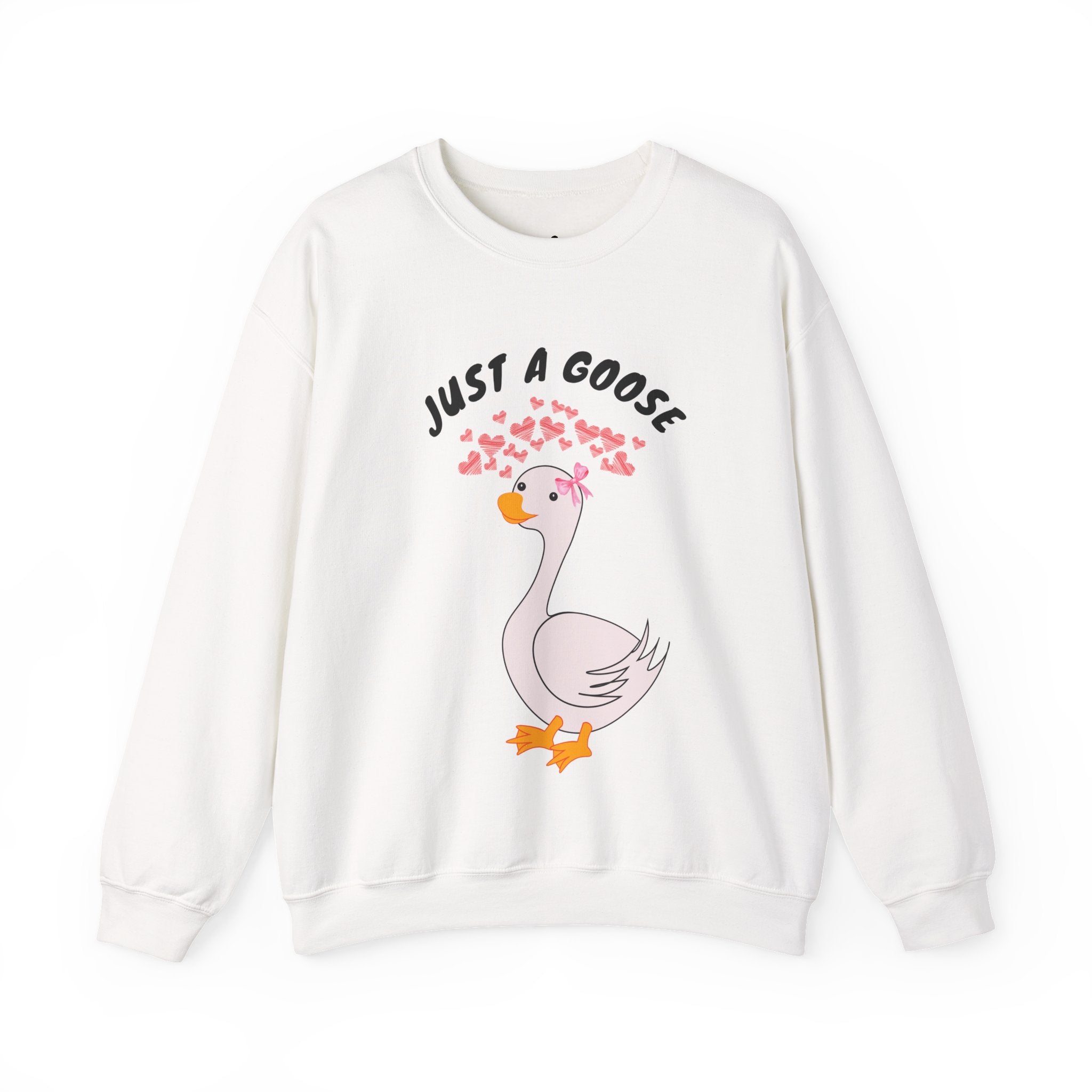 White sweatshirt with a cartoon goose and 'Just a Goose' text on a white background