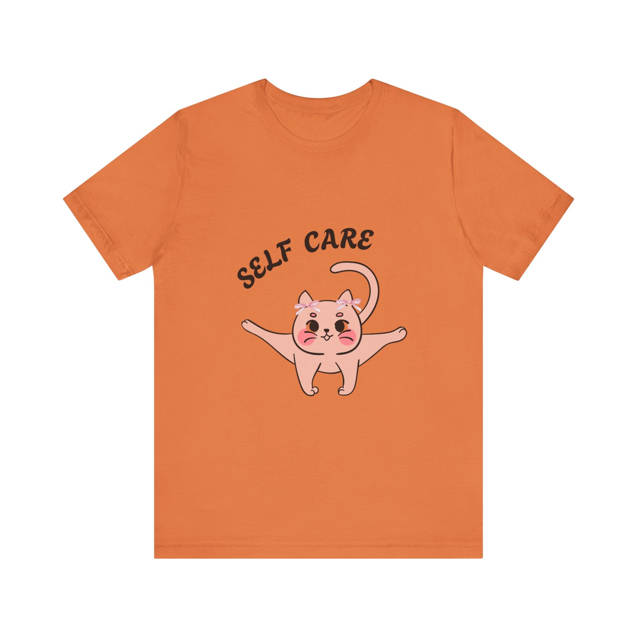 Burnt Orange t-shirt with a cartoon cat and 'SELF CARE' text on a white background