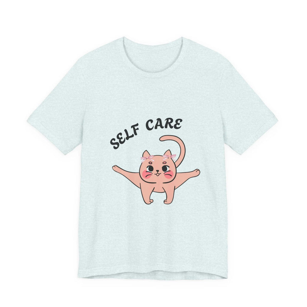 Heather ice blue t-shirt with a cartoon cat and 'Self Care' text on a white background