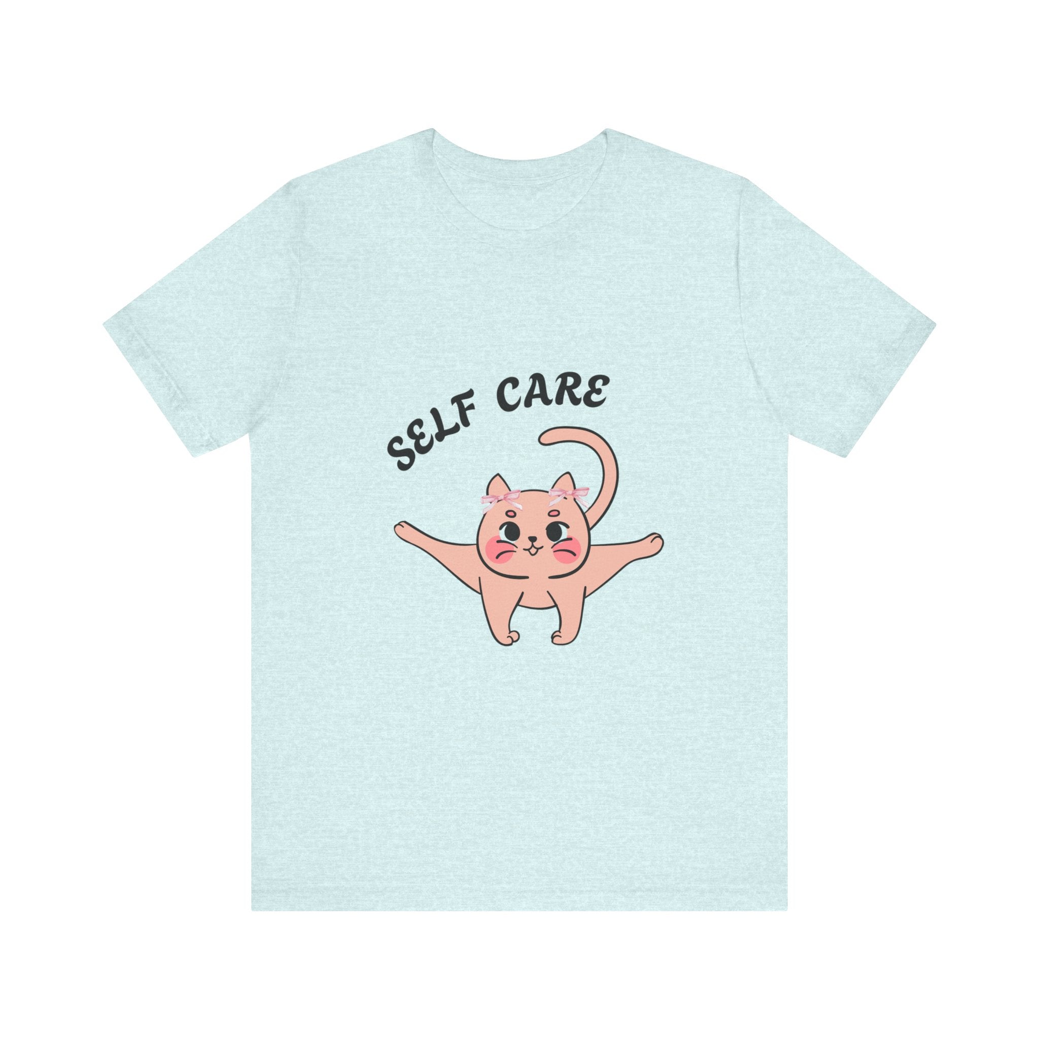 Heather Prism Ice blue t-shirt with a cartoon cat and 'SELF CARE' text on a white background