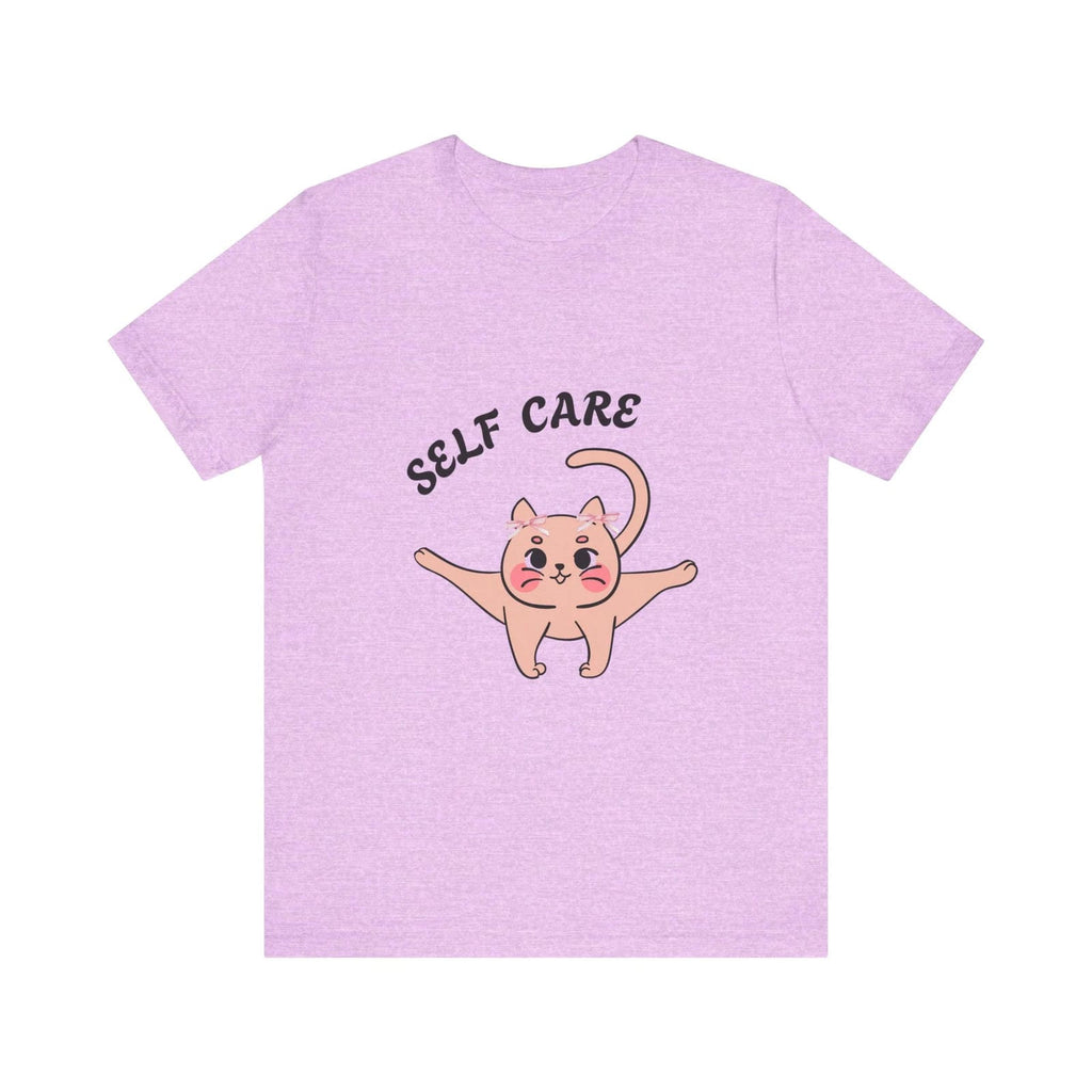 Heather Prism Lilac t-shirt with a cartoon cat and 'SELF CARE' text on a white background