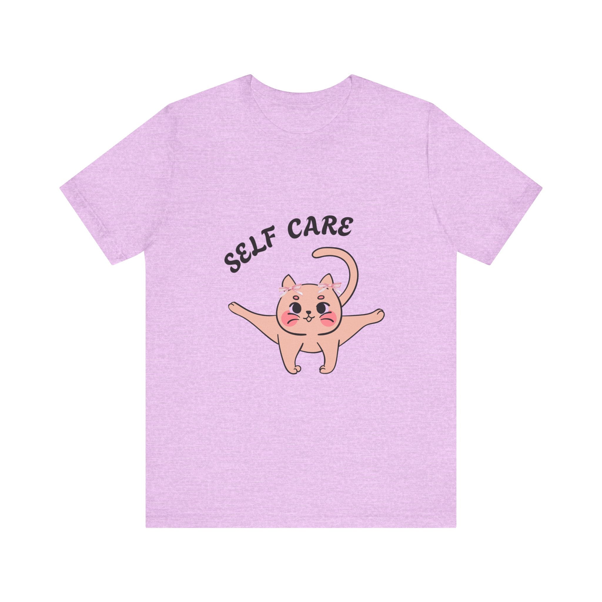 Heather Prism Lilac t-shirt with a cartoon cat and 'SELF CARE' text on a white background