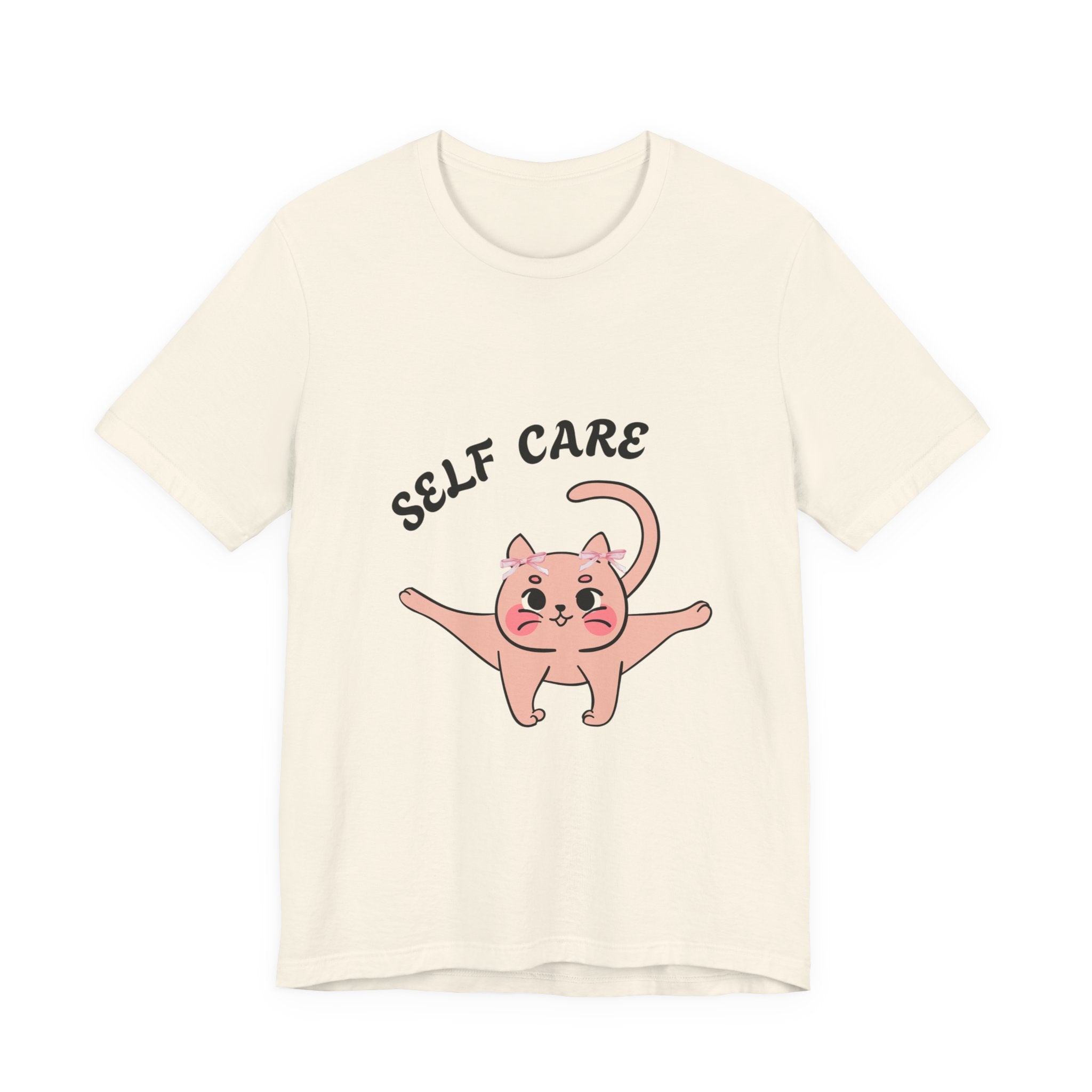 Natural t-shirt with a pink cat illustration and 'Self Care' text on a white background