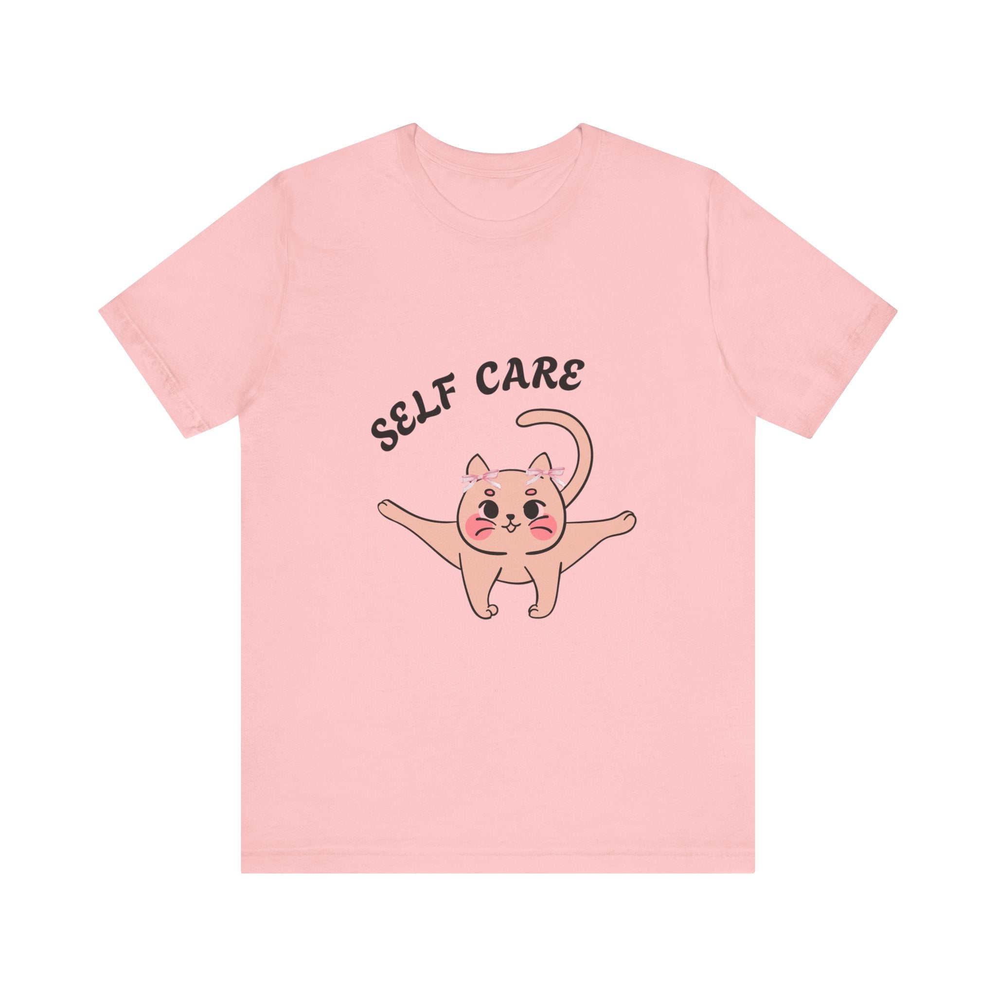 Pink t-shirt with a cat illustration and 'SELF CARE' text on a white background