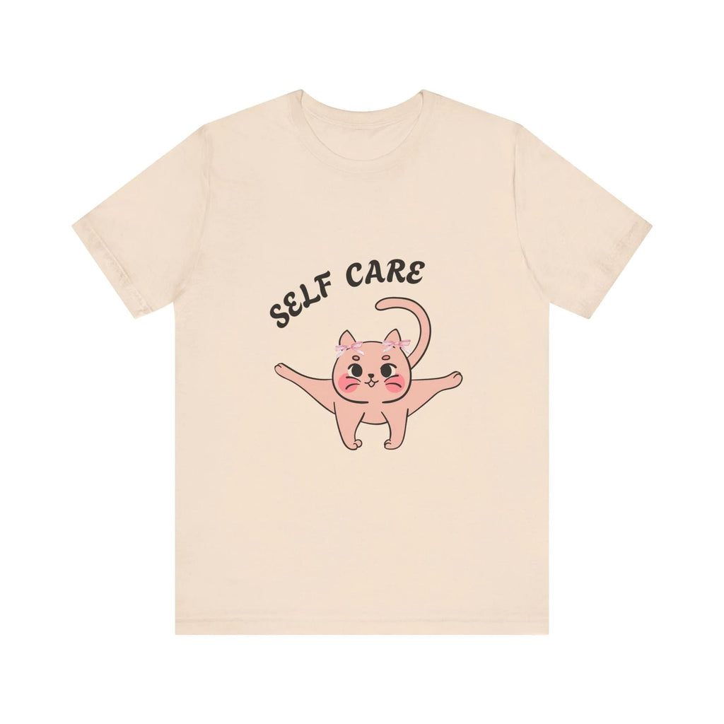 Soft Cream t-shirt with a pink cat illustration and 'SELF CARE' text on a white background