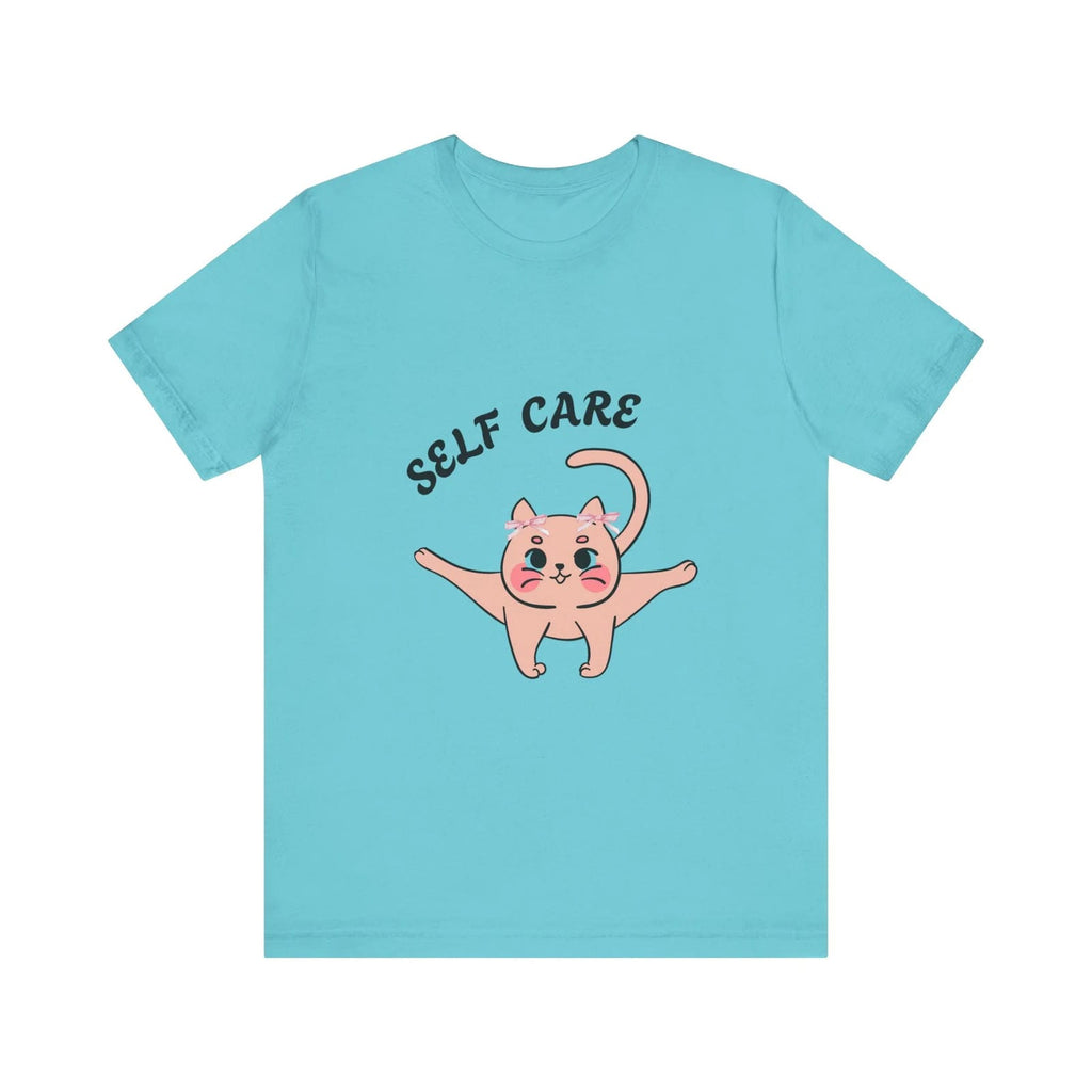 Turquoise t-shirt with a cartoon cat and 'SELF CARE' text on a white background