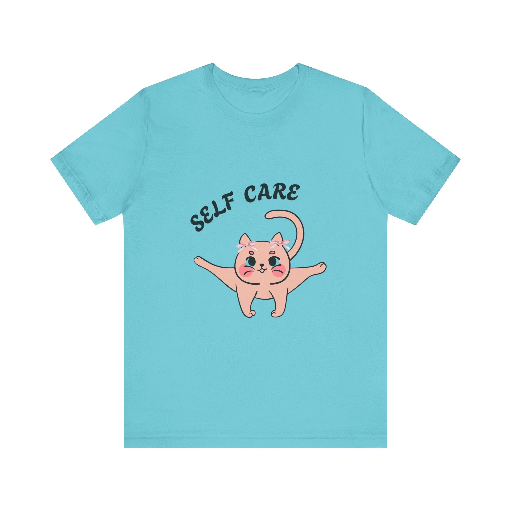 Turquoise t-shirt with a cartoon cat and 'SELF CARE' text on a white background