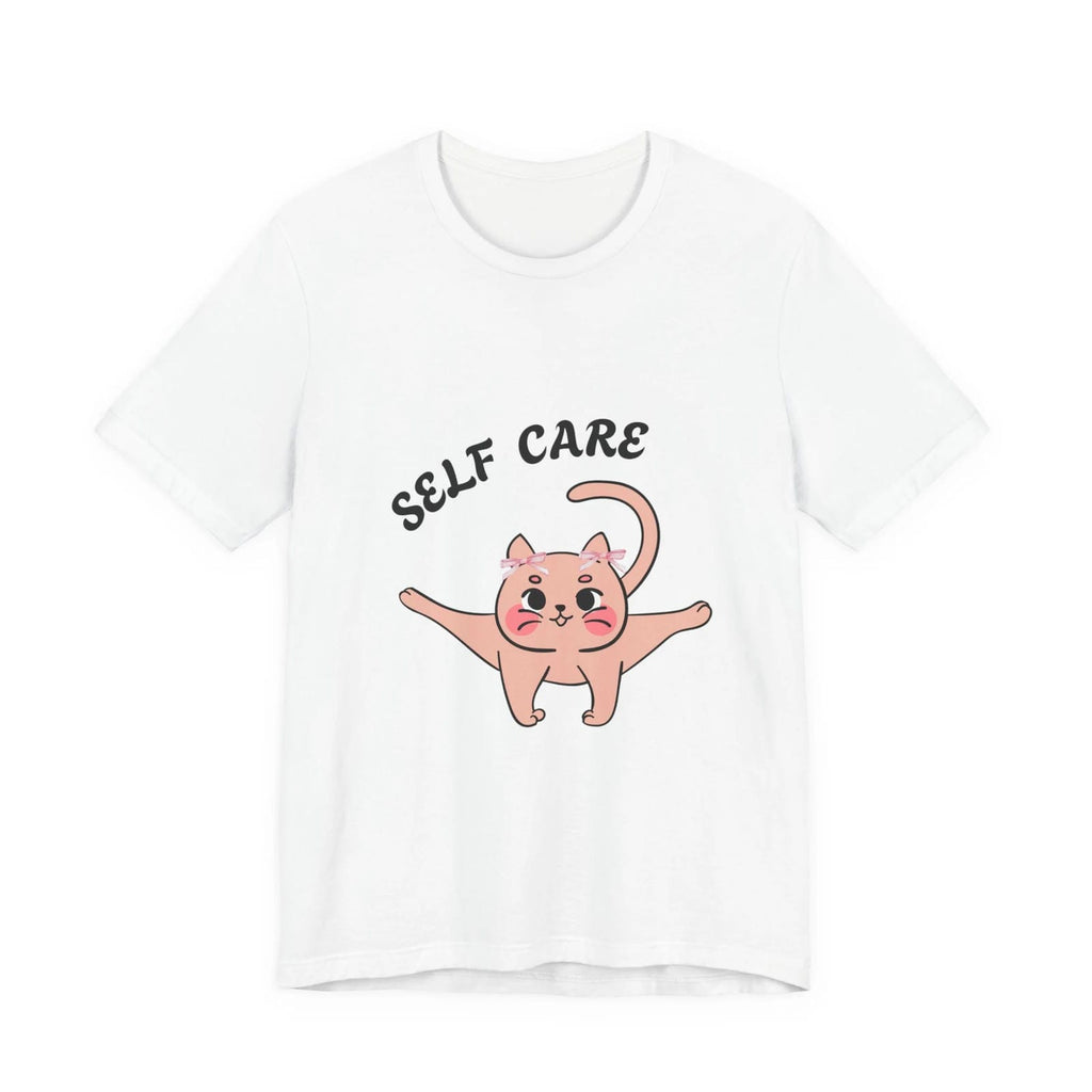 White t-shirt with a cartoon cat and 'Self Care' text on a white background