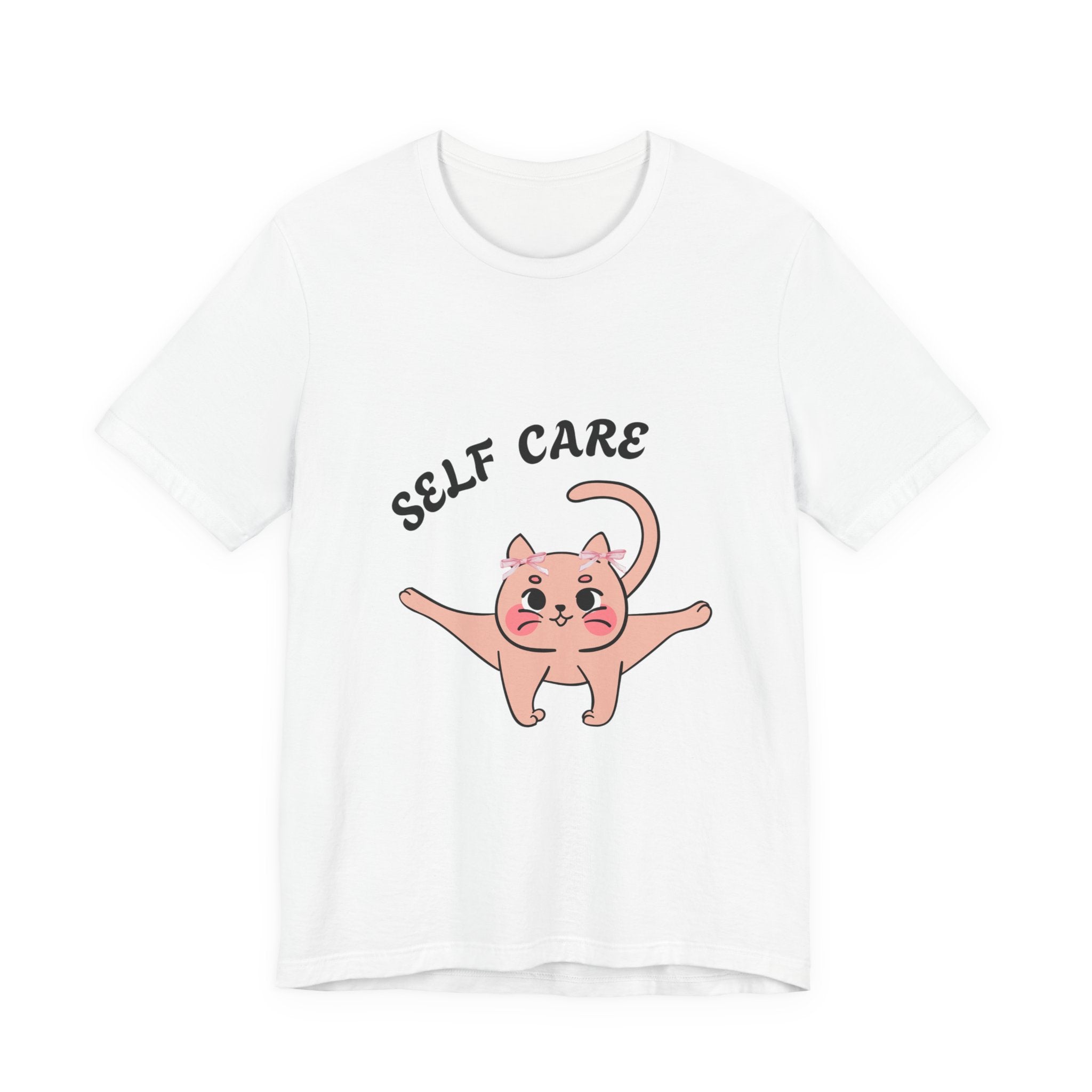 White t-shirt with a cartoon cat and 'Self Care' text on a white background