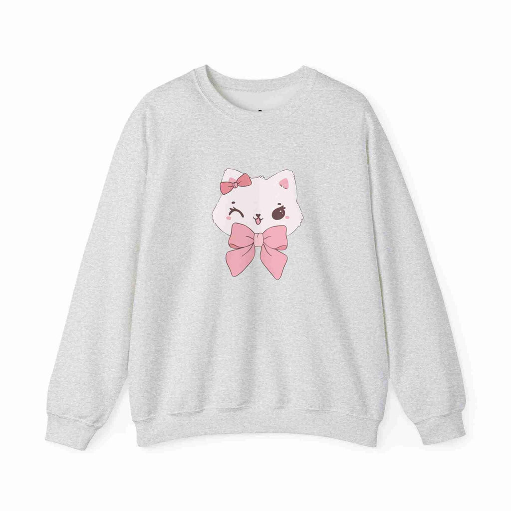 Ash sweatshirt with a cartoon cat design featuring a pink bow on a white background