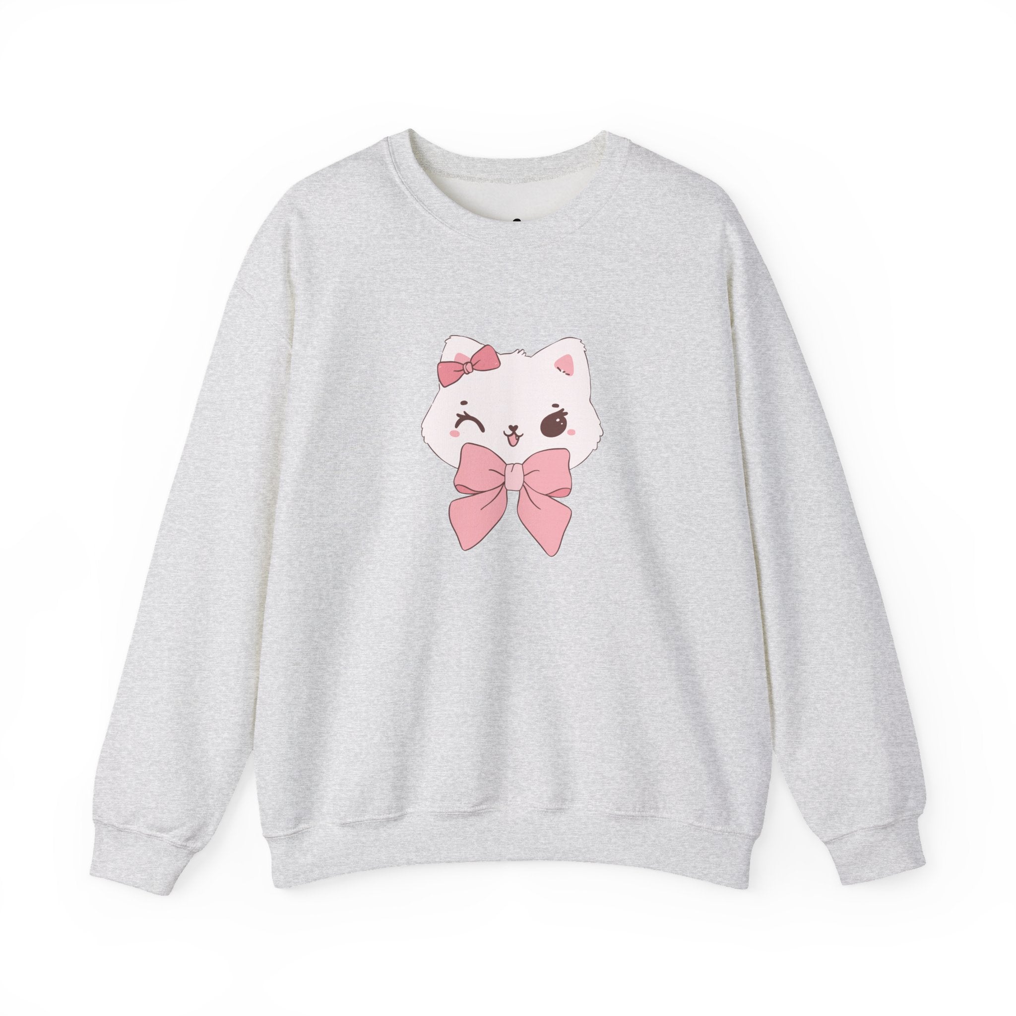 Ash sweatshirt with a cartoon cat design featuring a pink bow on a white background