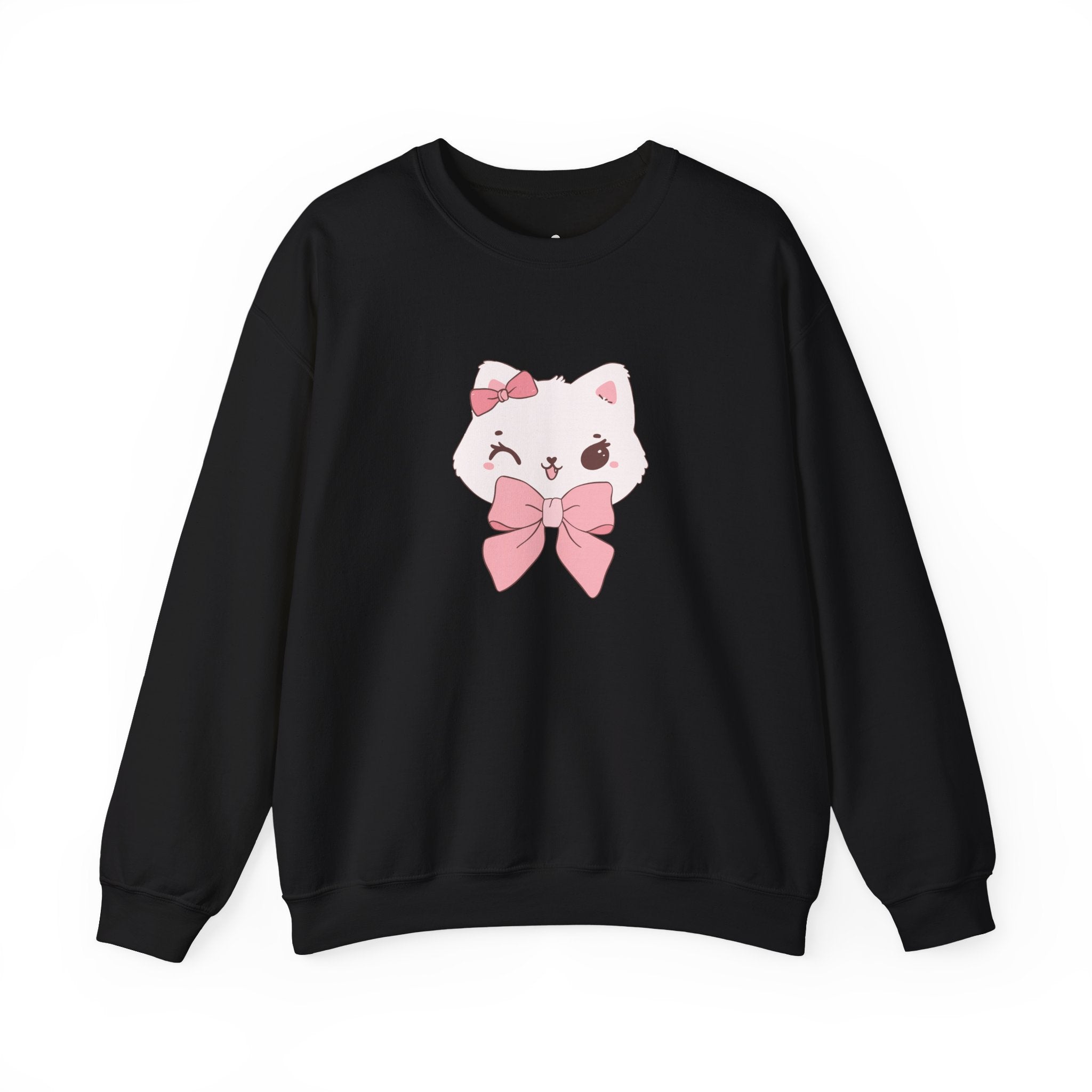 Black sweatshirt with a cute cat design featuring a pink bow on a white background