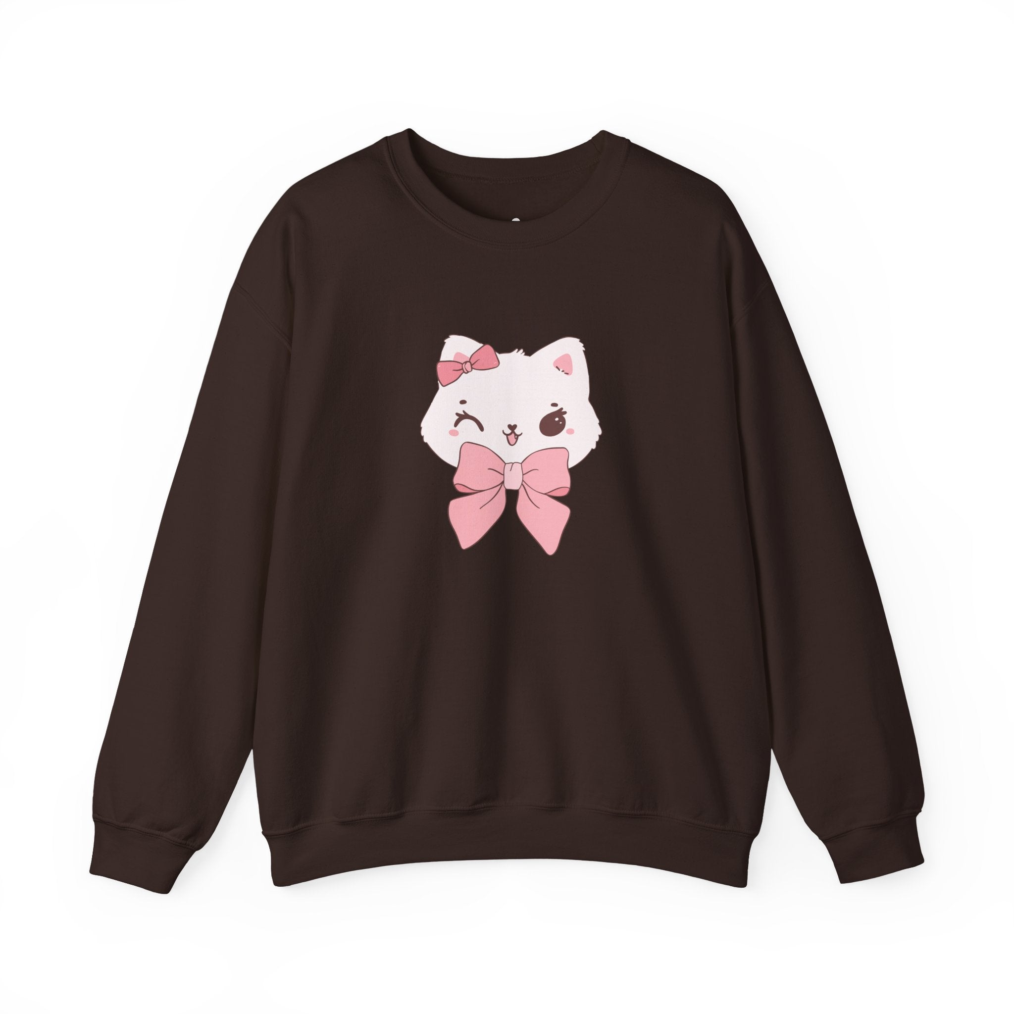 Dark Chocolate sweatshirt with a cute cat design featuring a pink bow on a white background