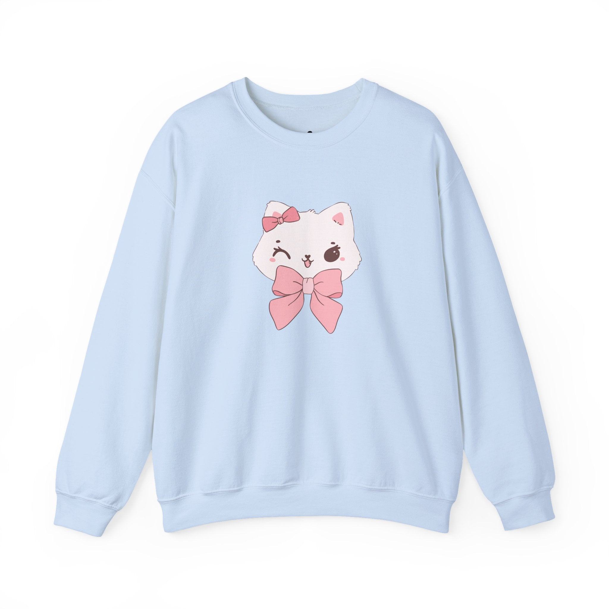 Light blue sweatshirt with a cartoon cat design featuring a pink bow on a white background