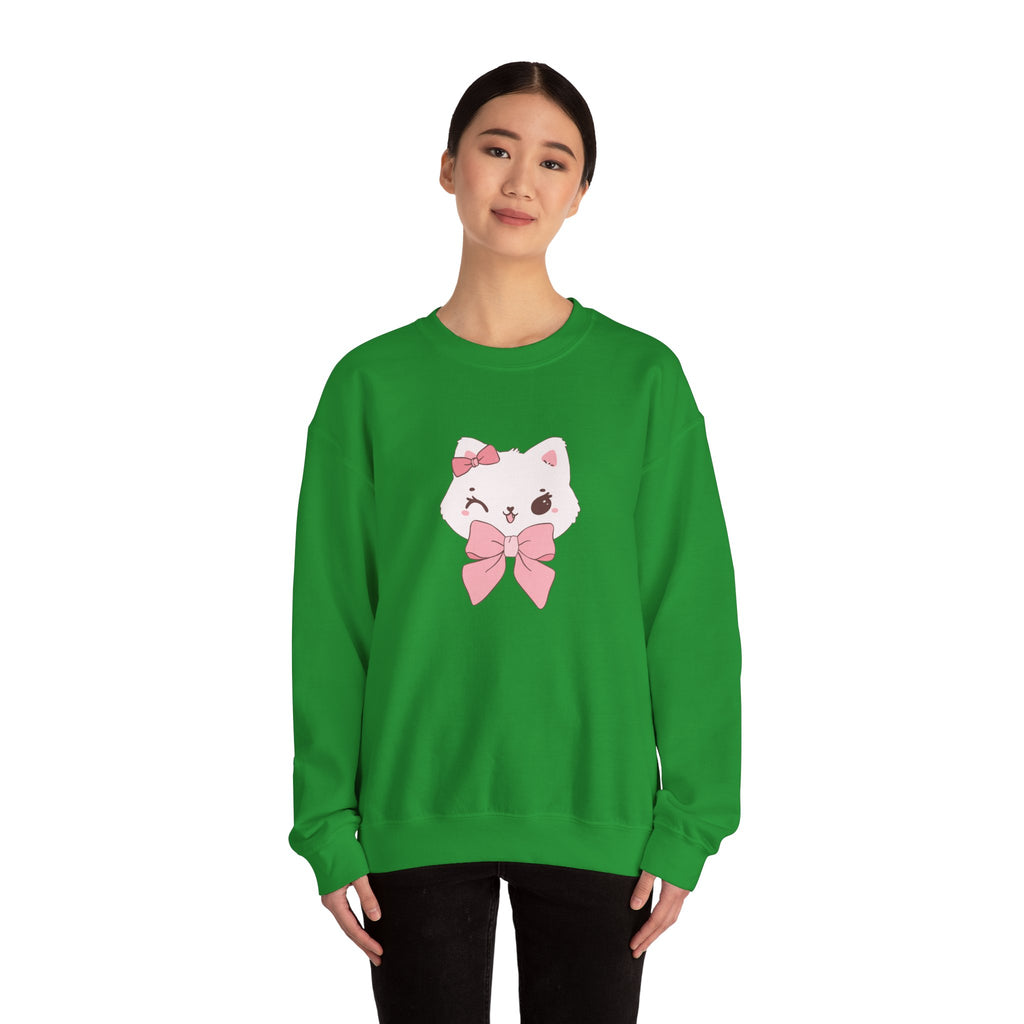 Person wearing a Irish green sweatshirt with a cartoon cat design on a white background