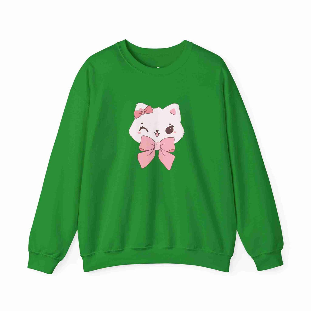 Irish Green sweatshirt with a cat design wearing a pink bow on a white background