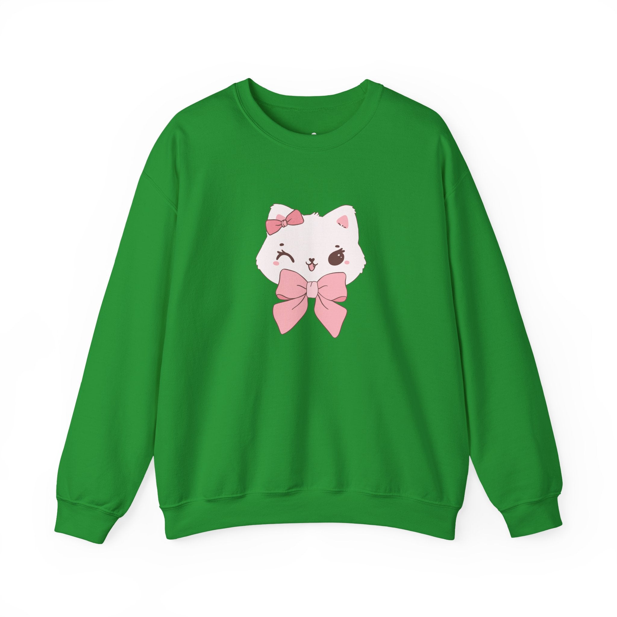 Irish Green sweatshirt with a cat design wearing a pink bow on a white background