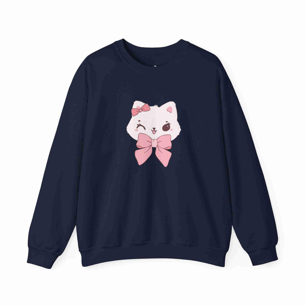 Navy sweatshirt with a cute cat design wearing a pink bow on a white background