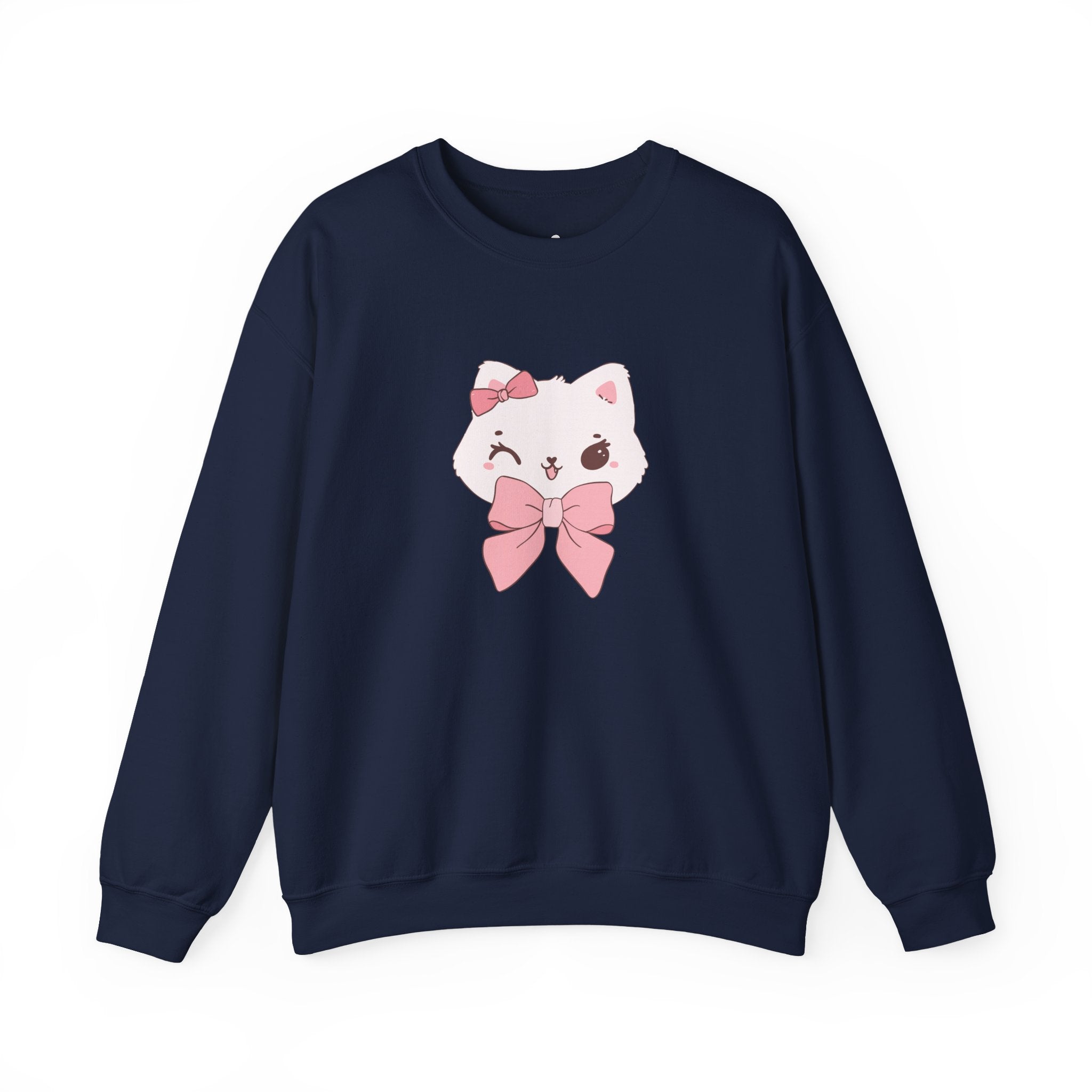 Navy sweatshirt with a cute cat design wearing a pink bow on a white background