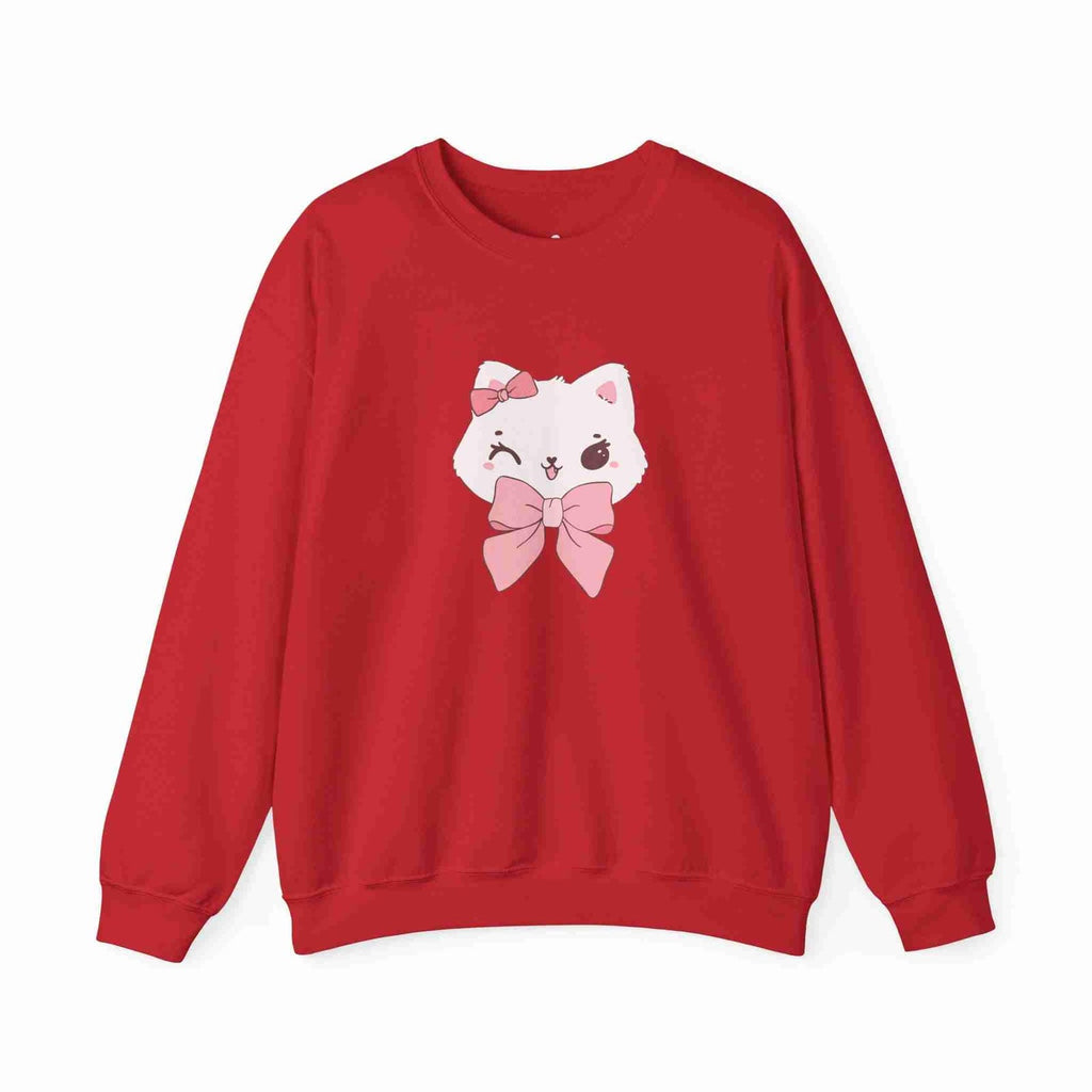 Red sweatshirt with a cartoon cat design on a white background