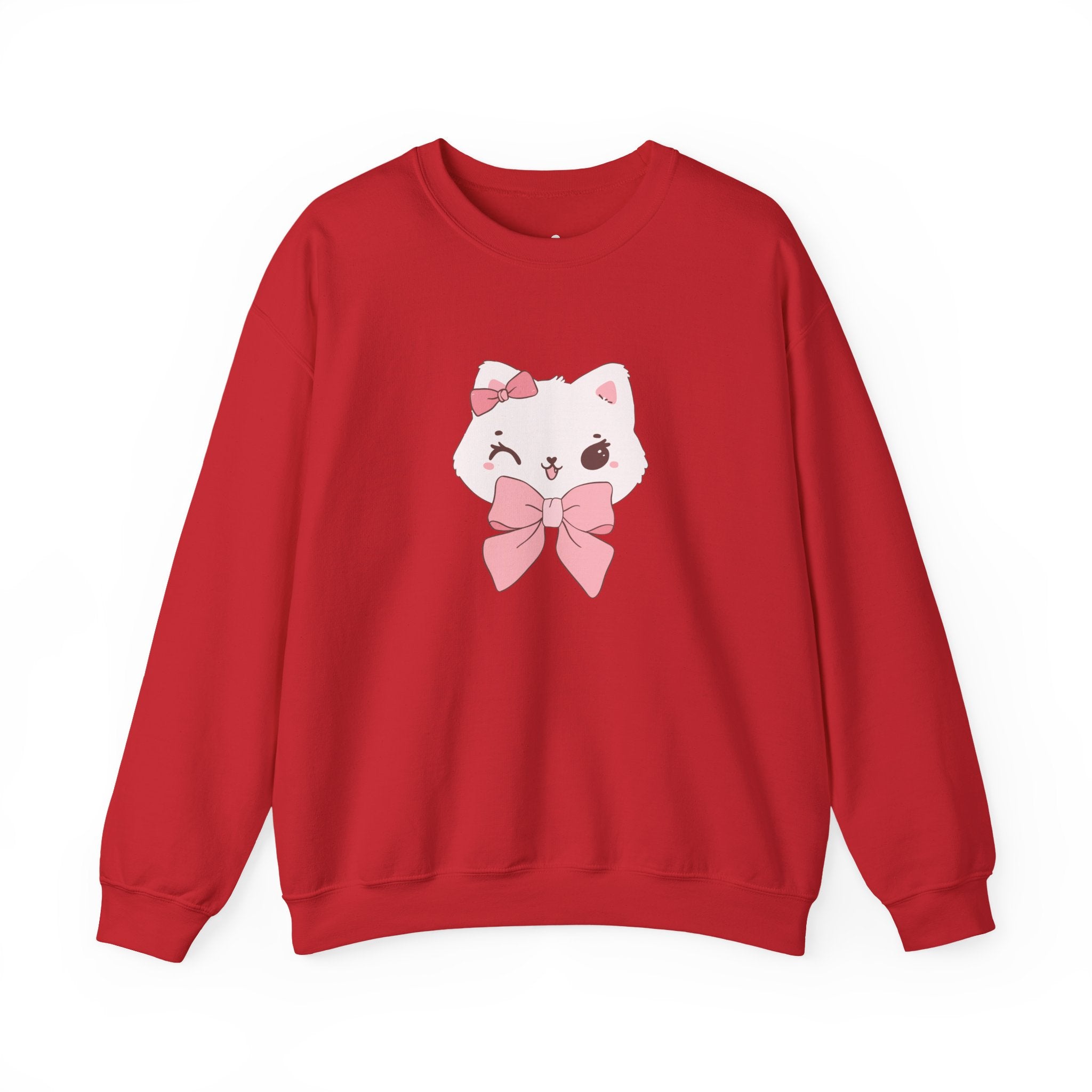 Red sweatshirt with a cartoon cat design on a white background