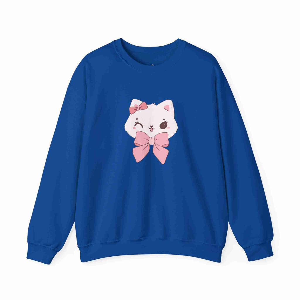 Royal sweatshirt with a cartoon cat design featuring pink bows on a white background