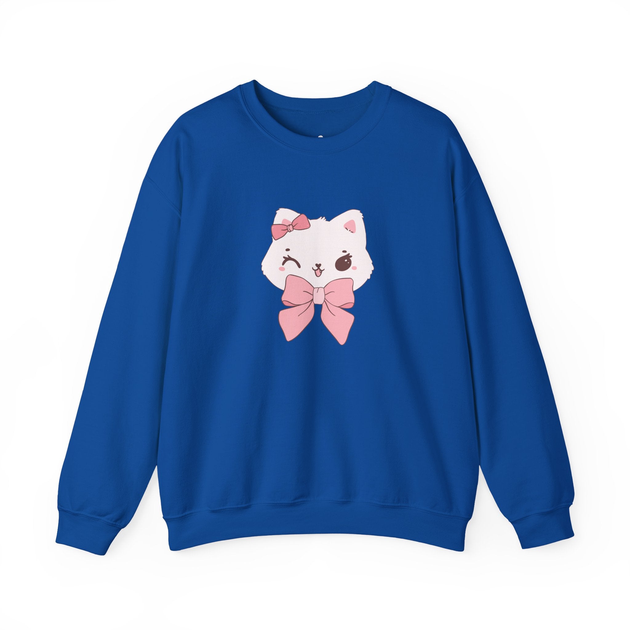 Royal sweatshirt with a cartoon cat design featuring pink bows on a white background
