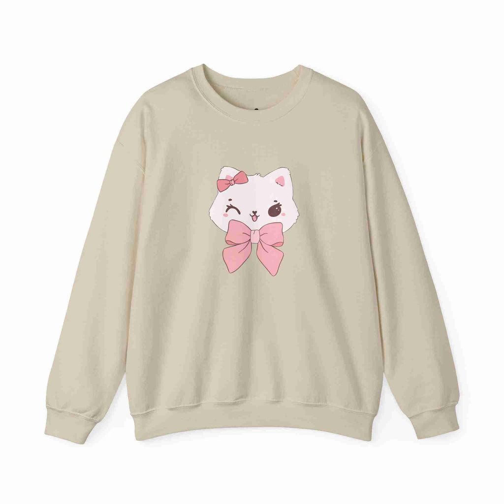 Sand sweatshirt with a cartoon cat design featuring pink bows on a white background