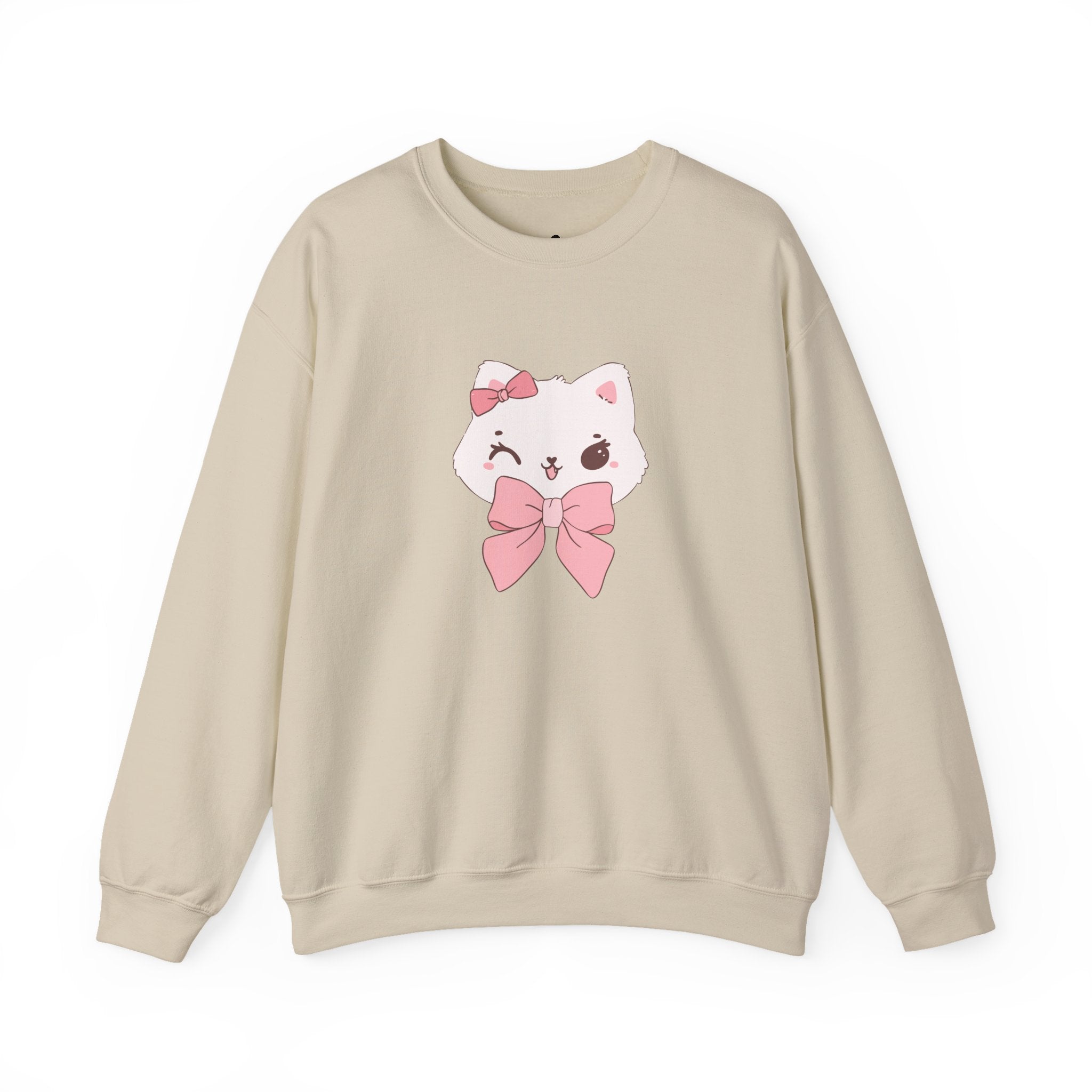 Sand sweatshirt with a cartoon cat design featuring pink bows on a white background