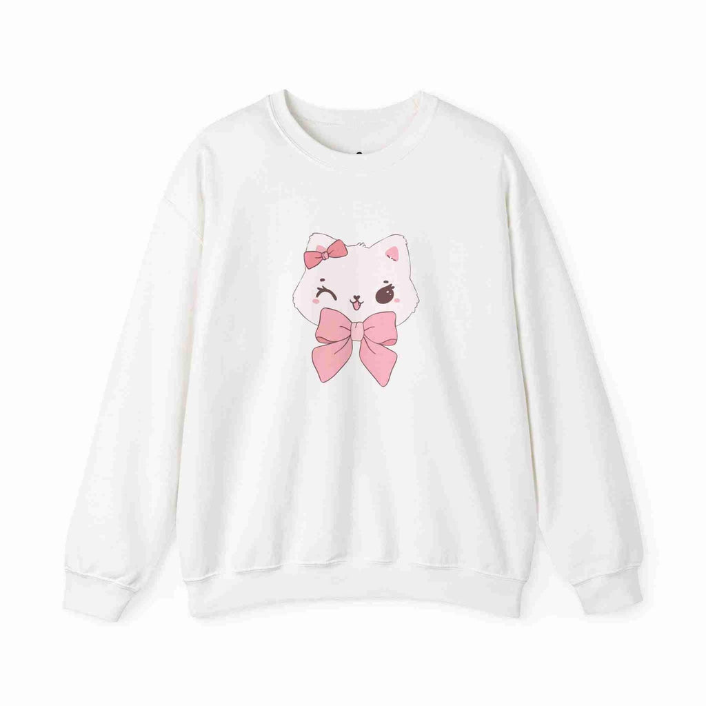 White sweatshirt with a cartoon cat design featuring pink bows on a white background