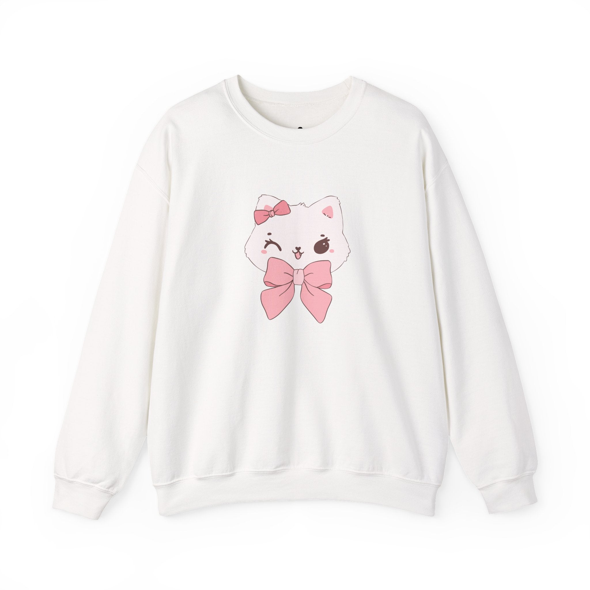 White sweatshirt with a cartoon cat design featuring pink bows on a white background