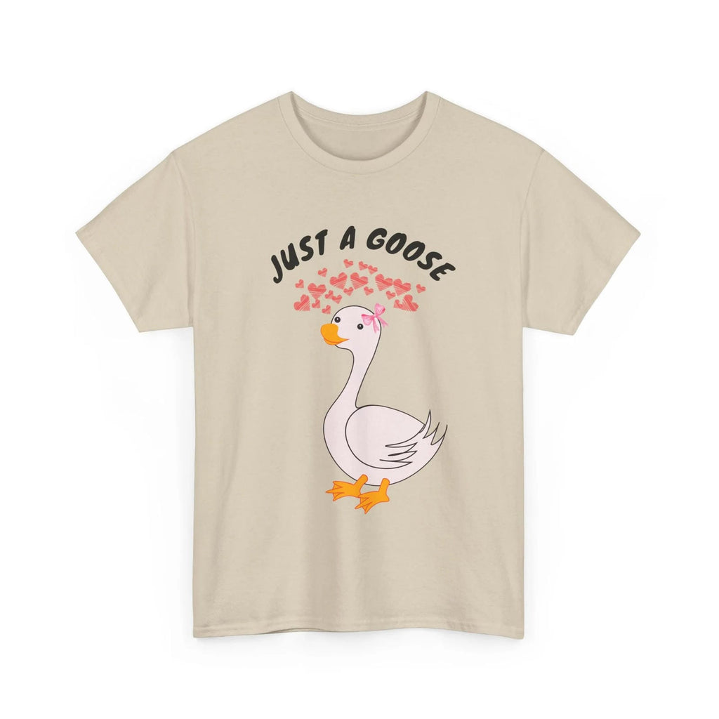 Sand t-shirt with a cartoon goose and 'Just a Goose' text on a white background
