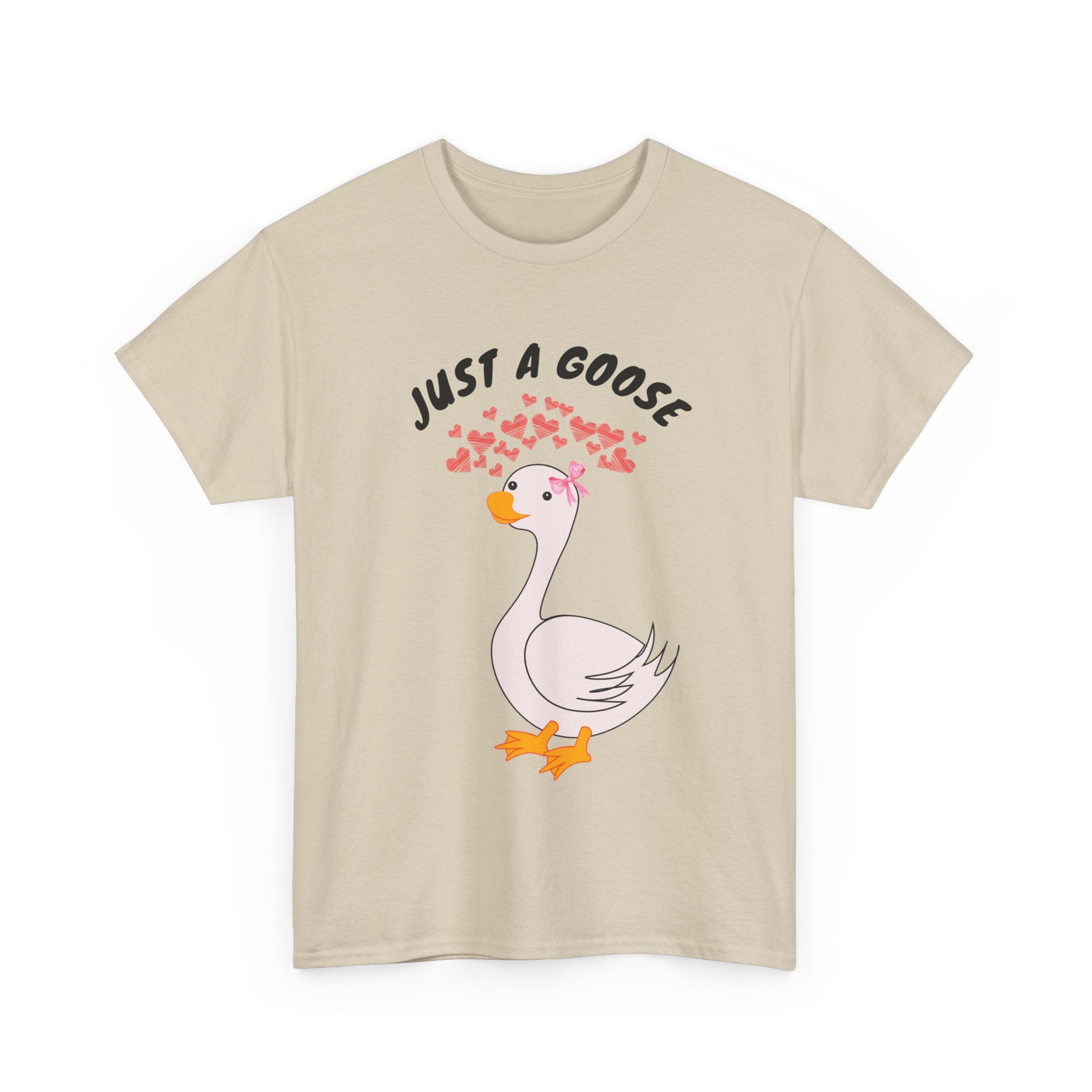 Sand t-shirt with a cartoon goose and 'Just a Goose' text on a white background