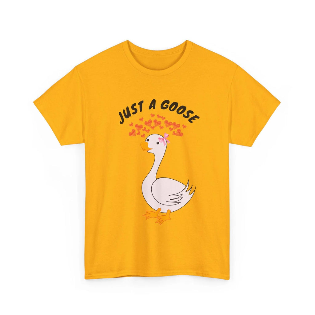 Gold t-shirt with a cartoon goose and text 'Just a Goose' on a white background